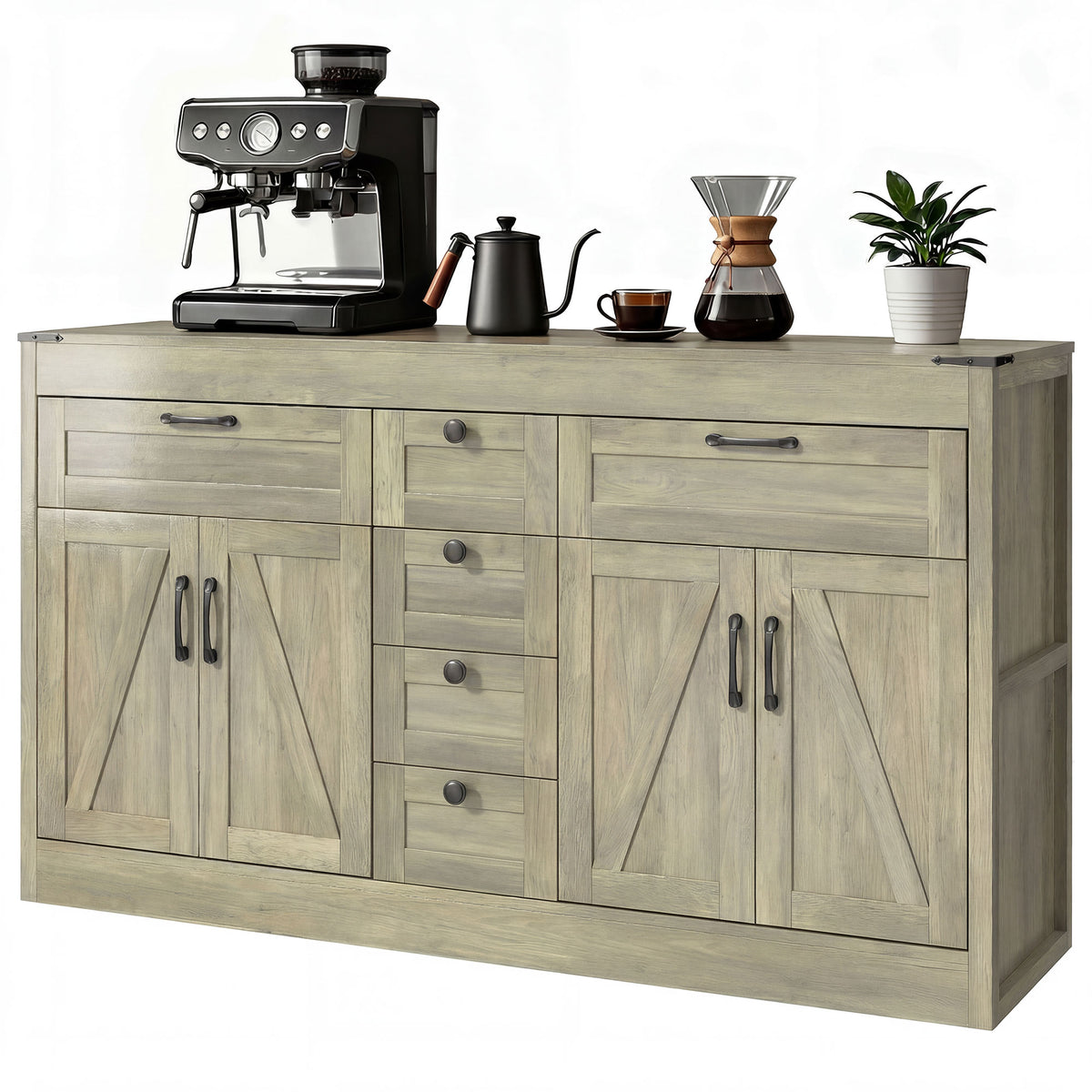 Sideboard Buffet Cabinet, 55" Farmhouse Kitchen Cabinet with 4 Barn Doors, 6 Drawers and 2 Adjustable Shelves, White