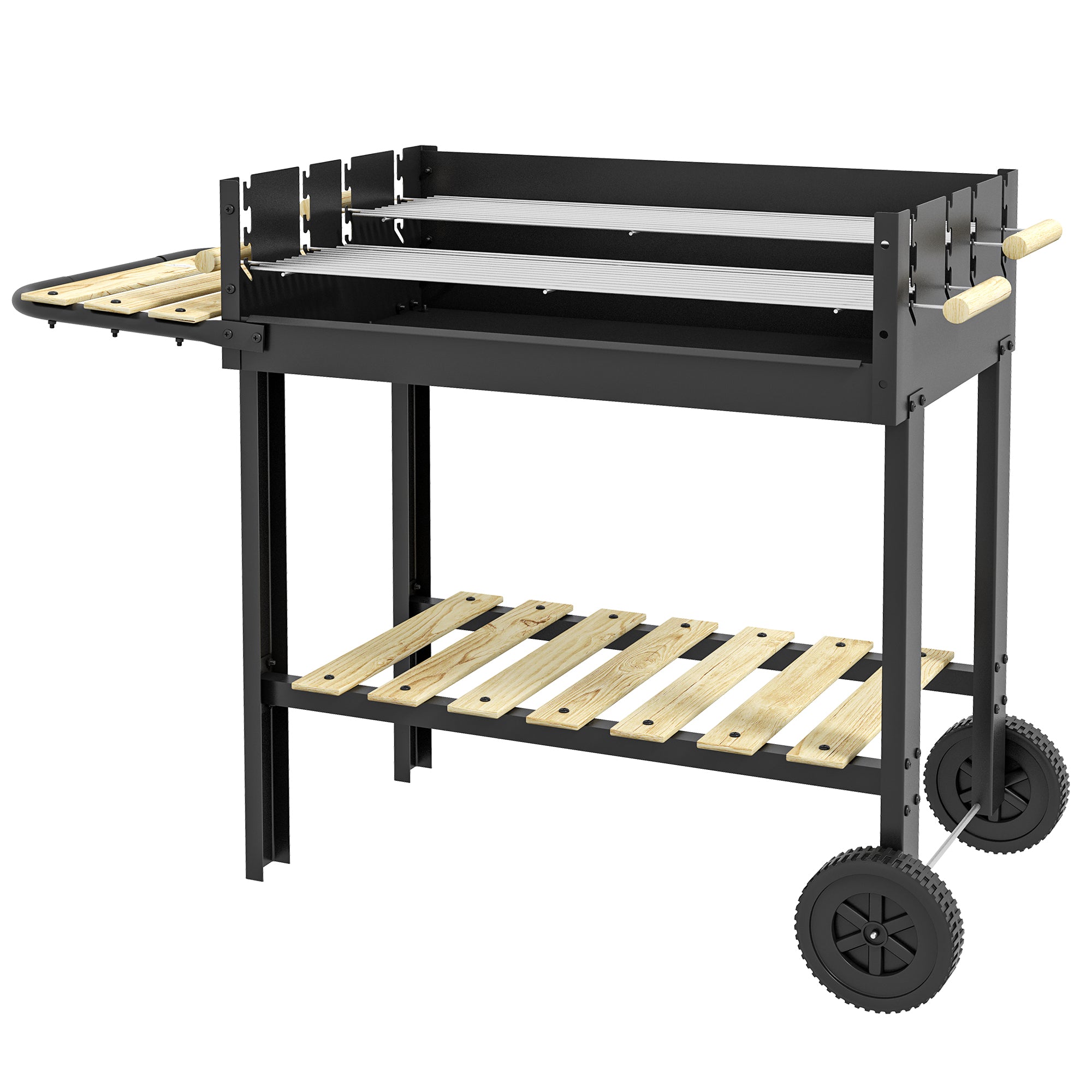 Charcoal Grill,Barbecue Trolley with Double Adjustable Grill, Side Table, Storage Shelf and Wheels, Black