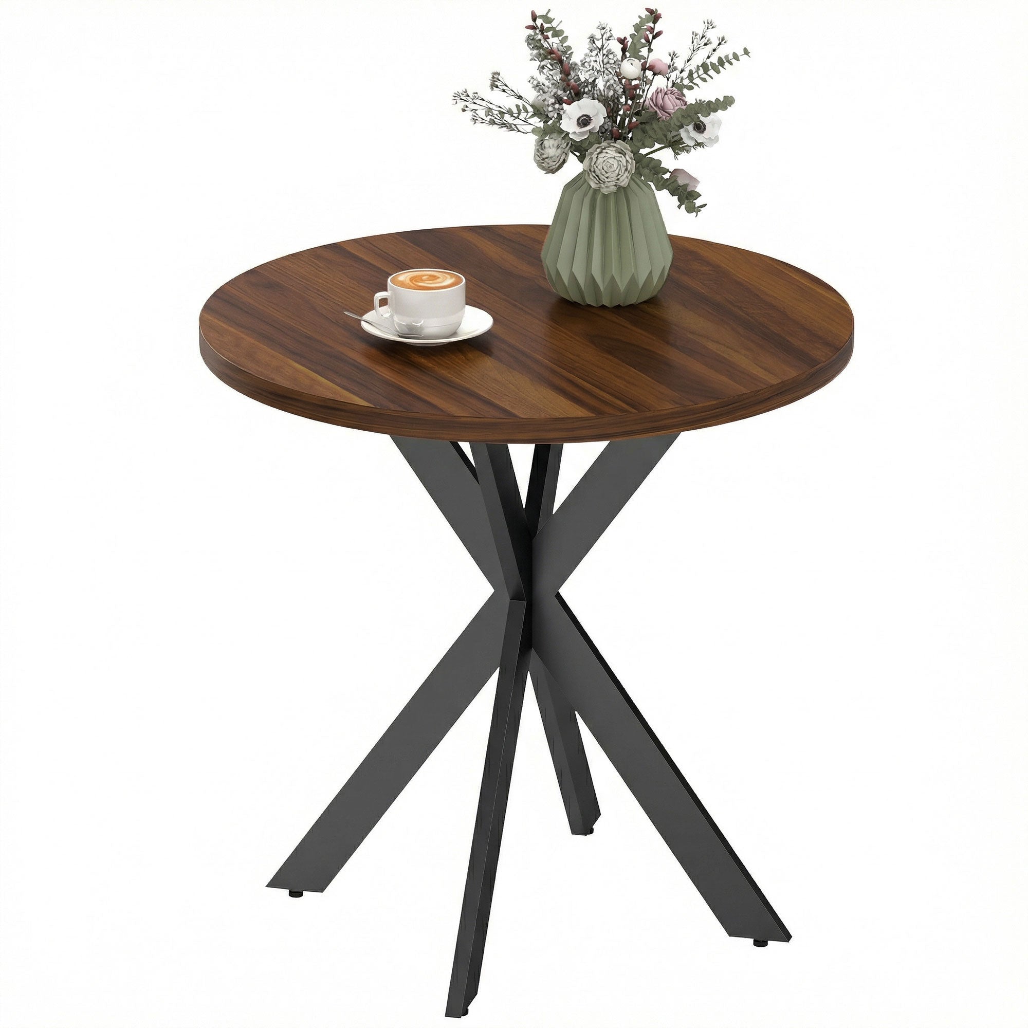 29" Dining Table, Contemporary Round Kitchen Table with Steel Legs, Brown