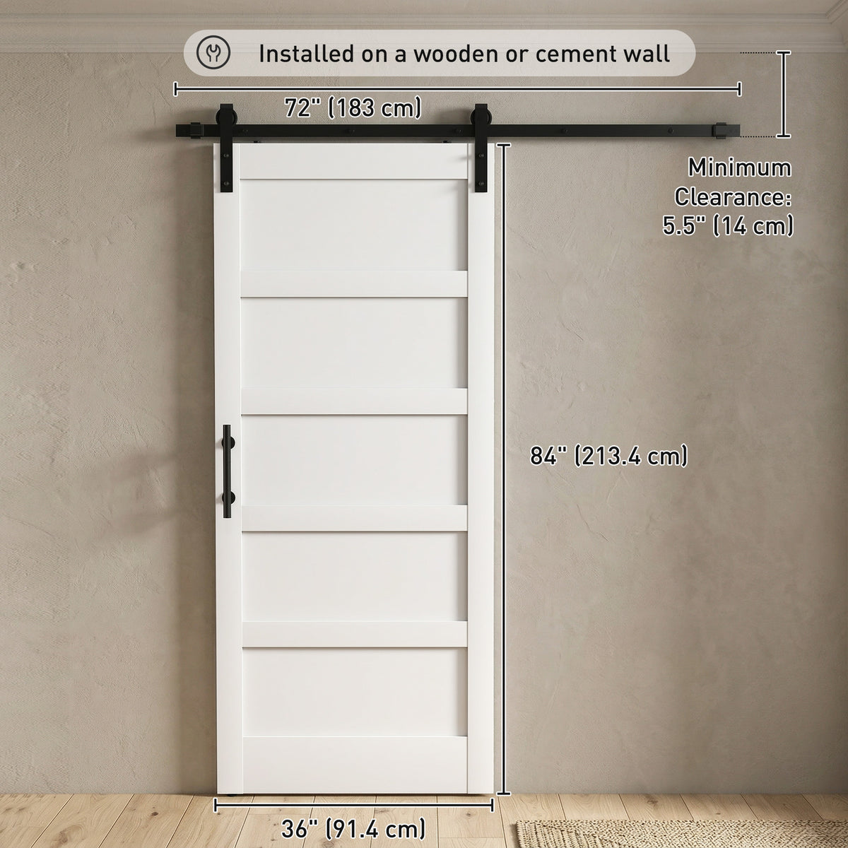 42"x84" Sliding Barn Door with Hardware Kit, Shaker Style Sliding Door with Handle, Track, Floor Guide, White Wood Grain