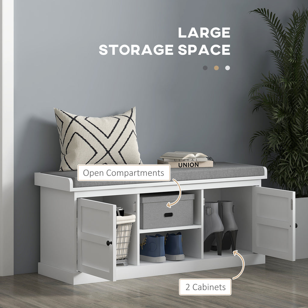 Shoe Storage Bench with Cushioned Seat, Entryway Bench Seat with 2 Cabinets and Adjustable Shelf for Hallway, White