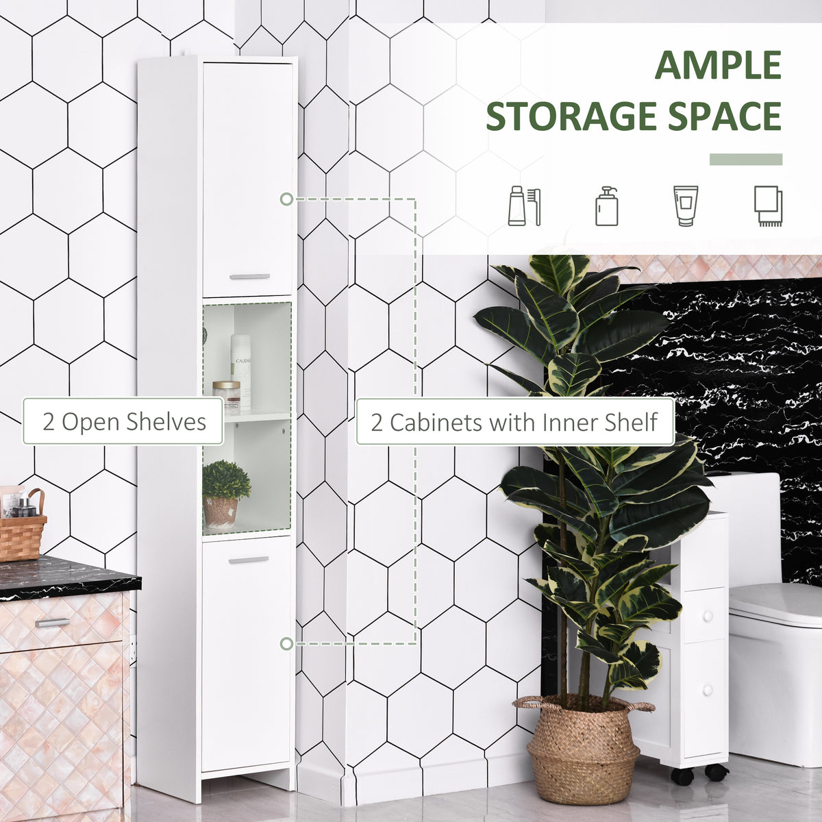 Tall Bathroom Vanities, Narrow Bathroom Cabinets with 2 Doors, Open Compartment and Adjustable Shelves, White