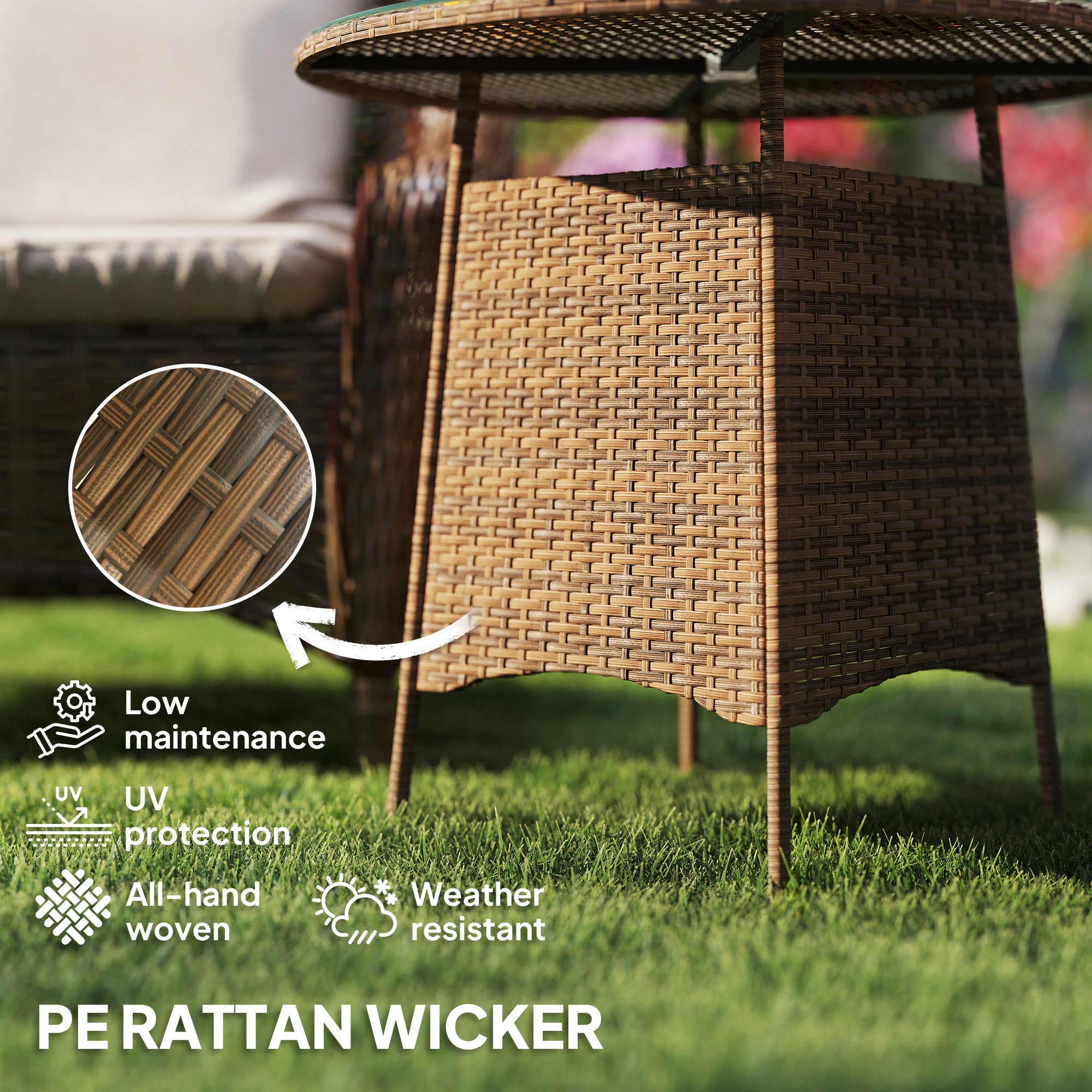 31.5" Outdoor Round Patio Table with Umbrella Hole, Bistro Coffee Table with Tempered Glass Top for Garden, Brown