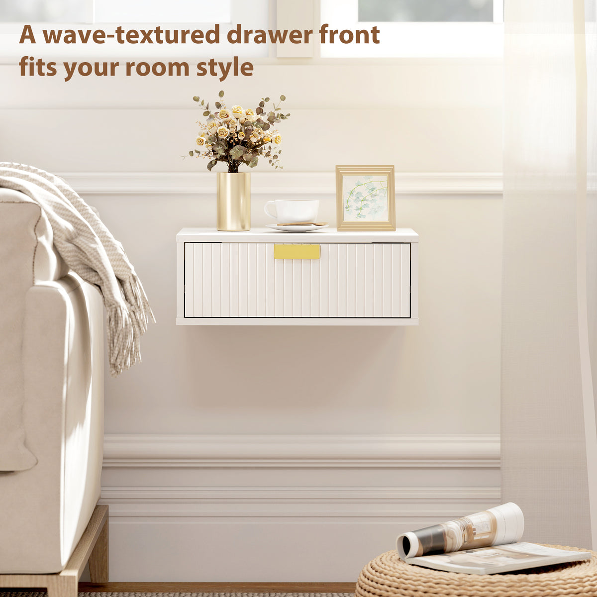 Modern Floating Nightstands Set of 2, Wall Mounted Bedside Tables with Wave Drawer White