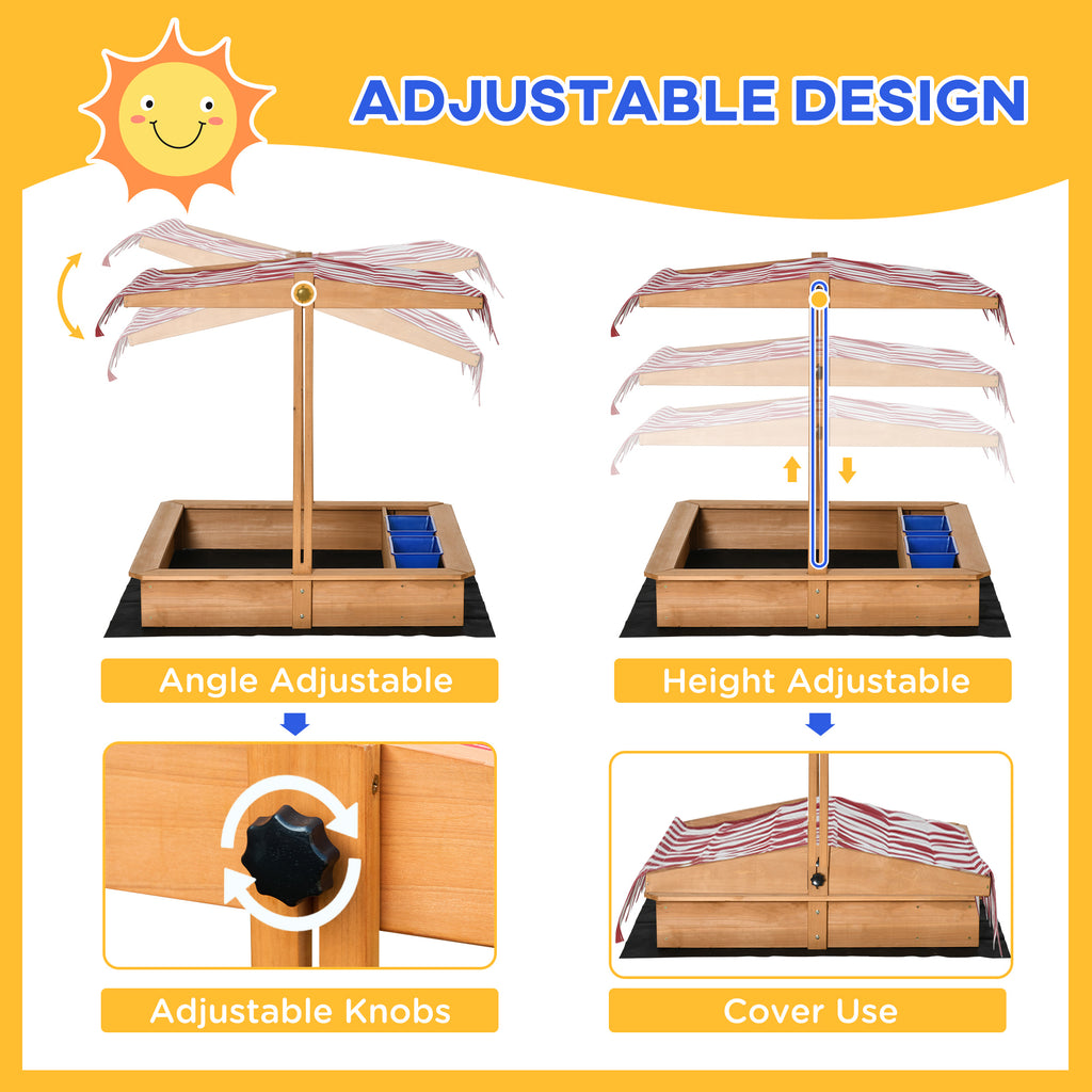 Kids Wooden Sandbox, Children Play Sand Station Outdoor with Adjustable Height Cover Lid, Bottom Liner, Seat, Plastic Basins, for 3-7 Years Old Boys and Girls