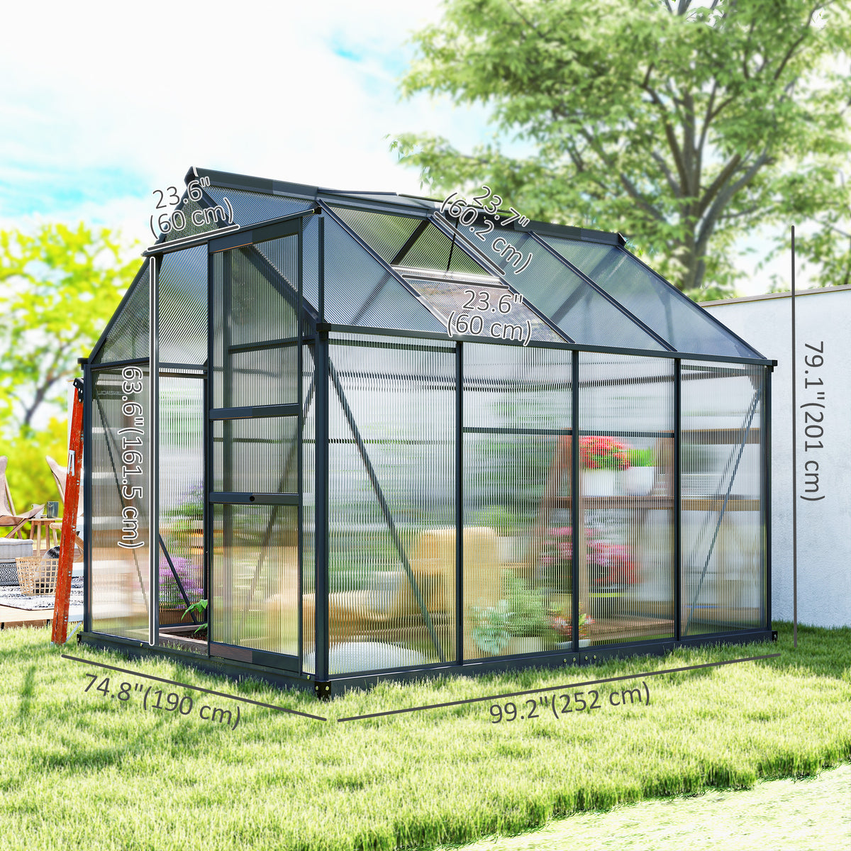 Greenhouse Garden, Green House, Outdoor Greenhouse Kit, PC Board with Sliding Door, 6.2' x 8.3' x 6.6', Grey