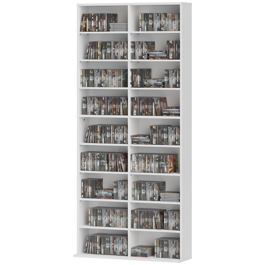 9-Tier DVD Shelf with 18 Compartments and 14 Adjustable Shelves, Holds 640 CDs, 360 DVDs or 430 Blu-rays, White