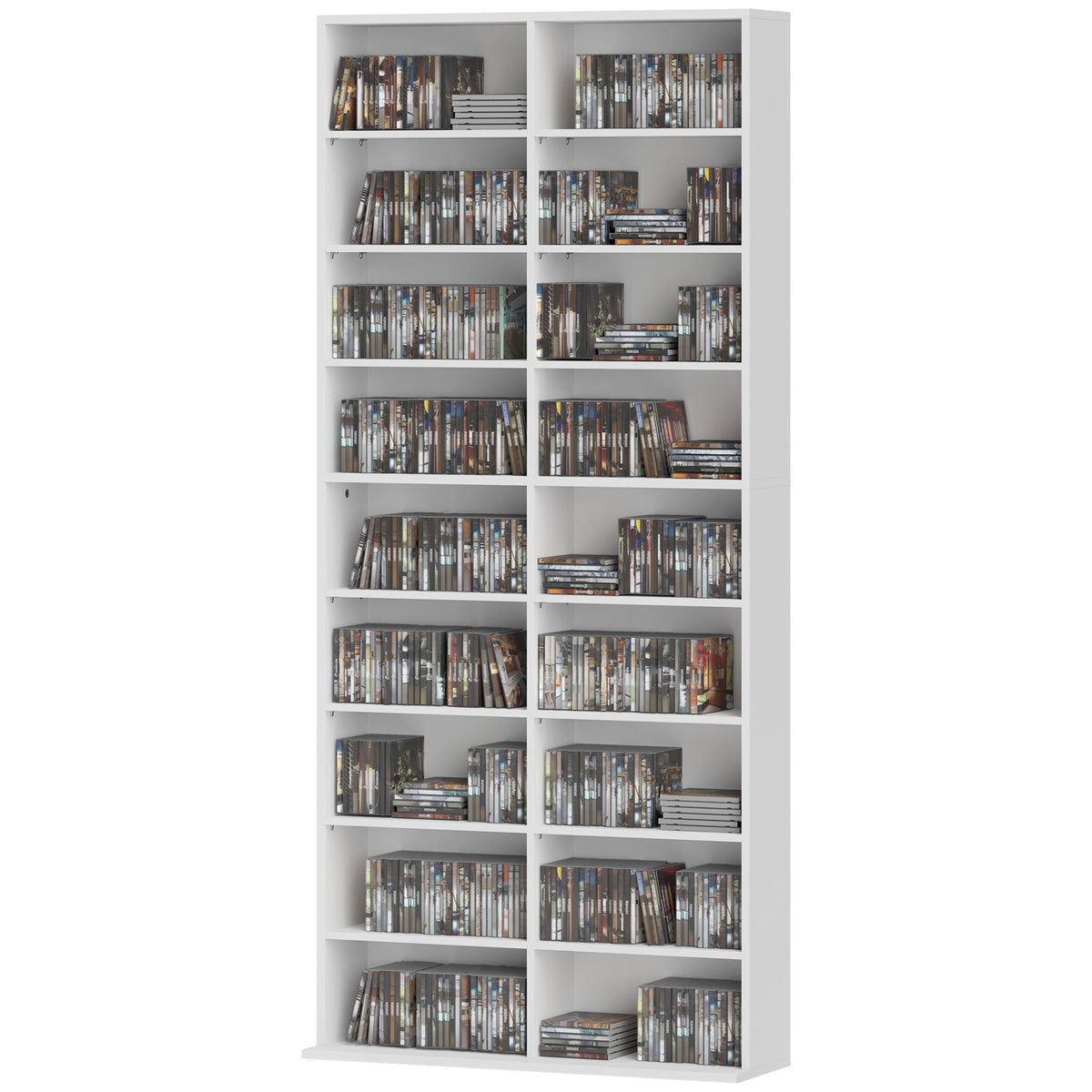 9-Tier DVD Shelf with 18 Compartments and 14 Adjustable Shelves, Holds 640 CDs, 360 DVDs or 430 Blu-rays, White