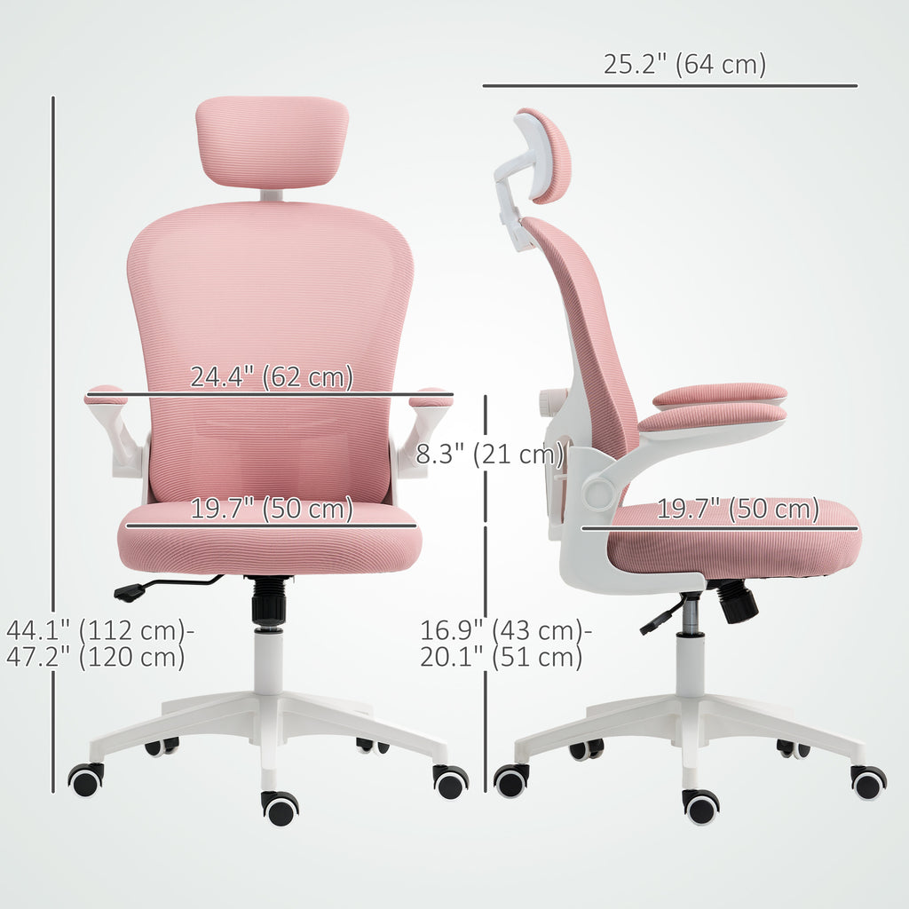 Office Chair, Mesh Computer Desk Chair with Adjustable Headrest, 4D Lumbar Support, Flip-up Arm, Pink