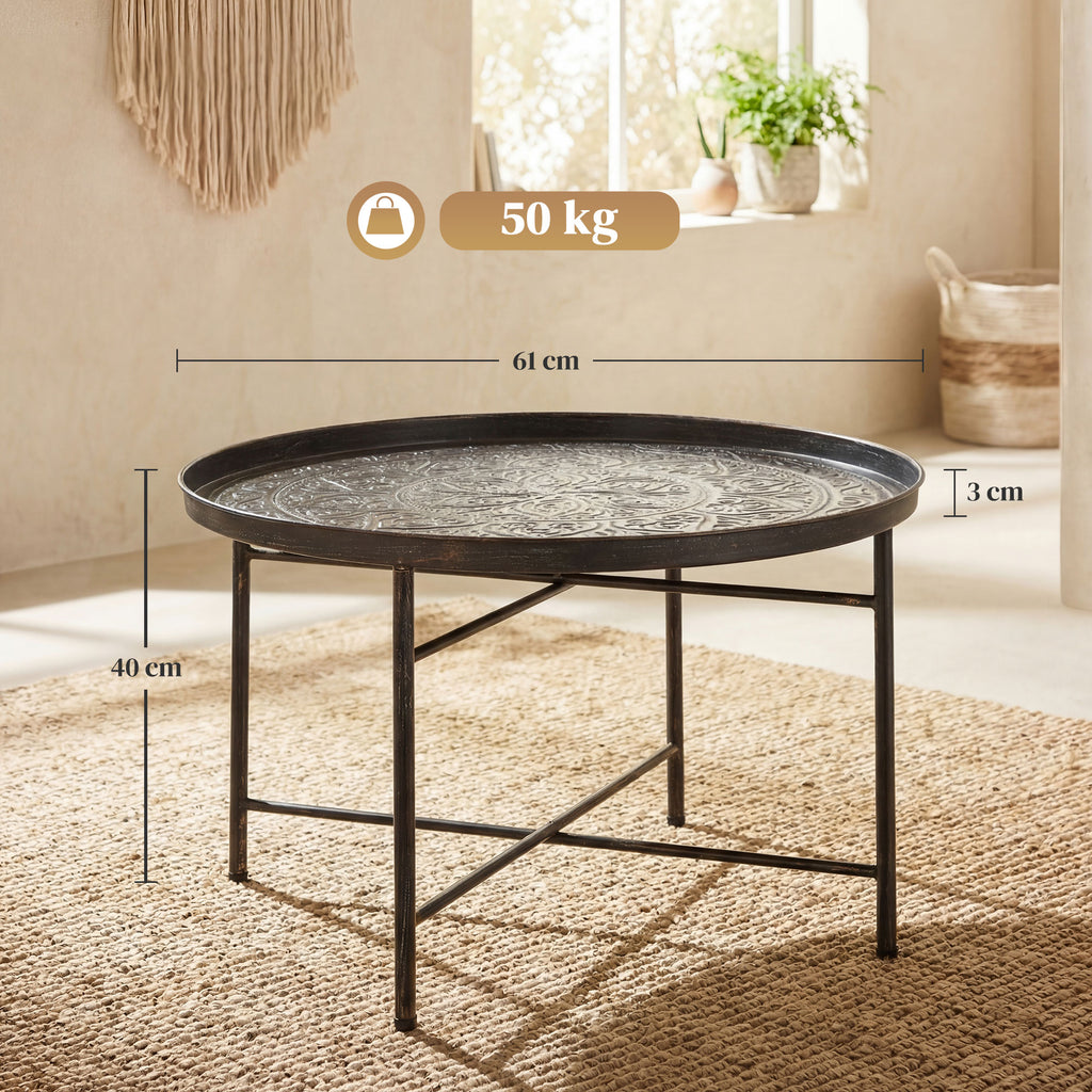 Vintage Coffee Table for Living Room, 24" Round Center Table with Hammered Tray Top and Metal Frame, Pewter