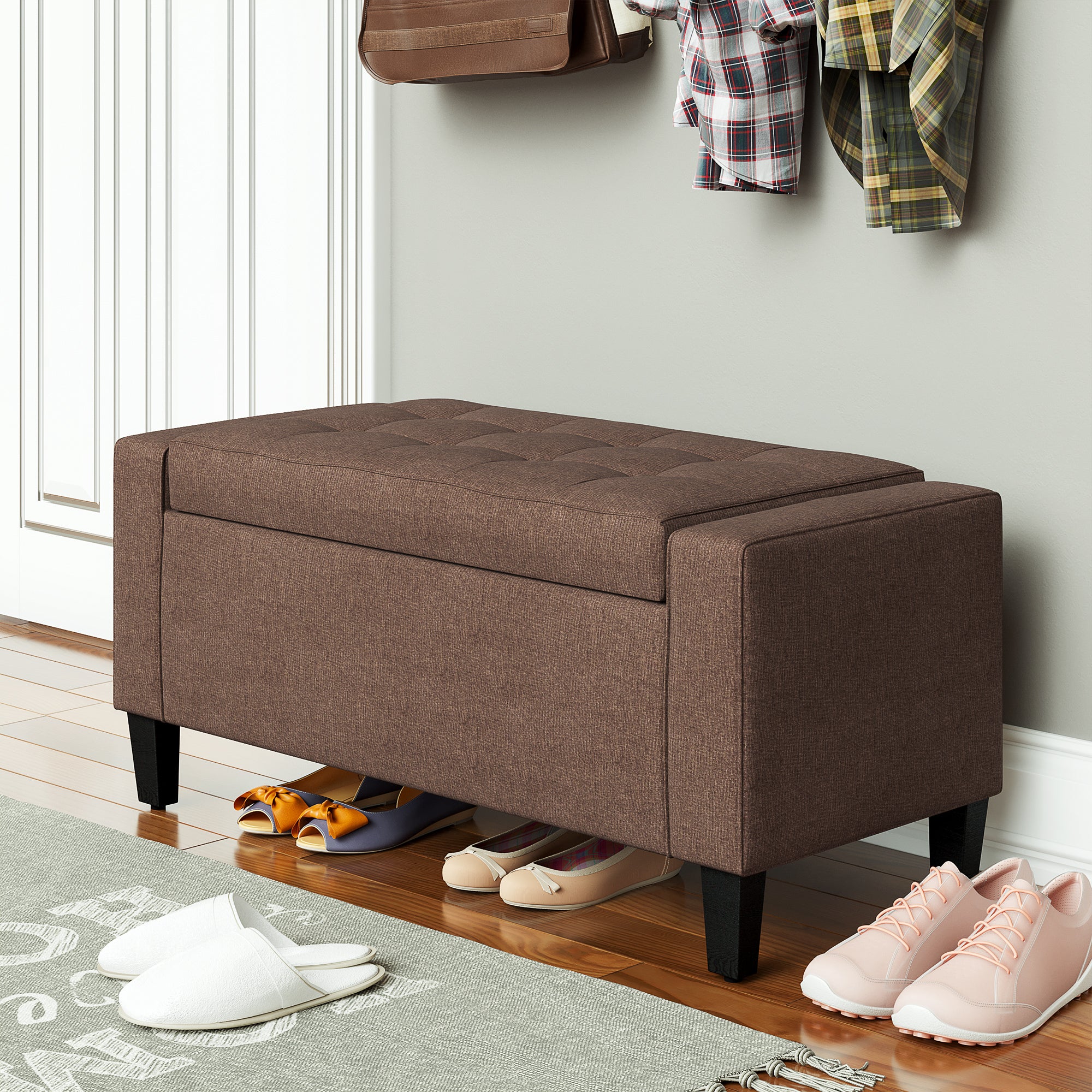 Storage Ottoman Bench, Linen Upholstered Bench with Tufted Design, Brown