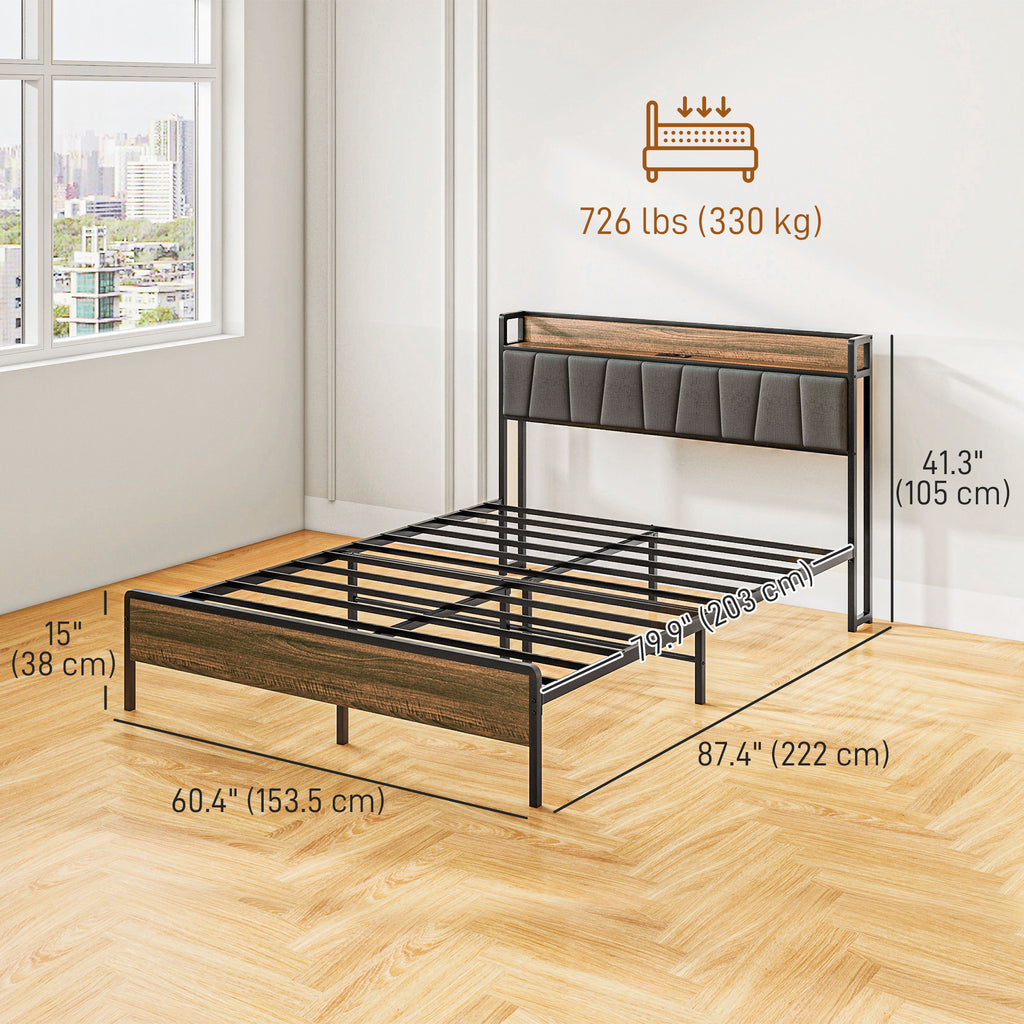 Queen Size Bed Frame with Charging Station, Queen Bed Frame with Upholstered Headboard and Storage Shelf, Walnut