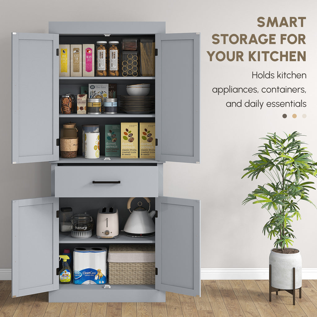 72" Farmhouse Kitchen Cabinet, Kitchen Pantry Cabinet with 4 Barn Doors, Drawer, Adjustable Shelves, Grey