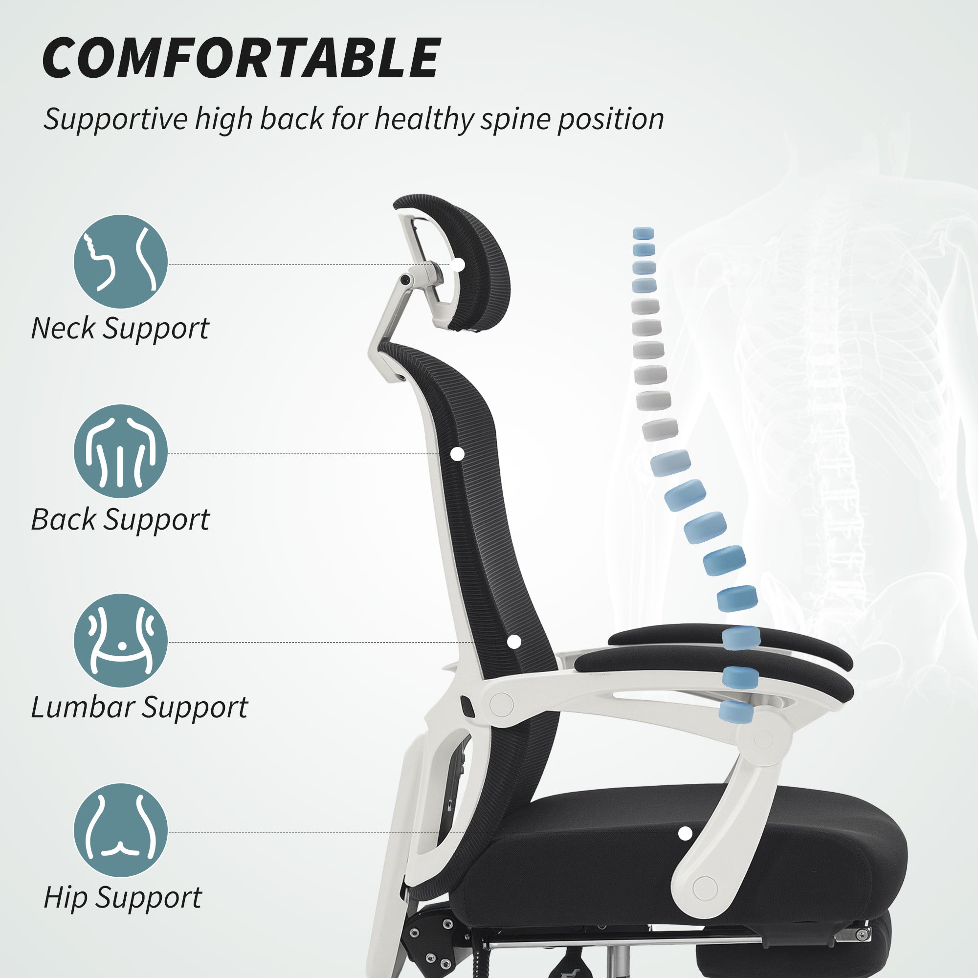 Ergonomic Office Chair, Mesh Reclining Desk Chair with Adjustable Lumbar Support, Headrest, Grey