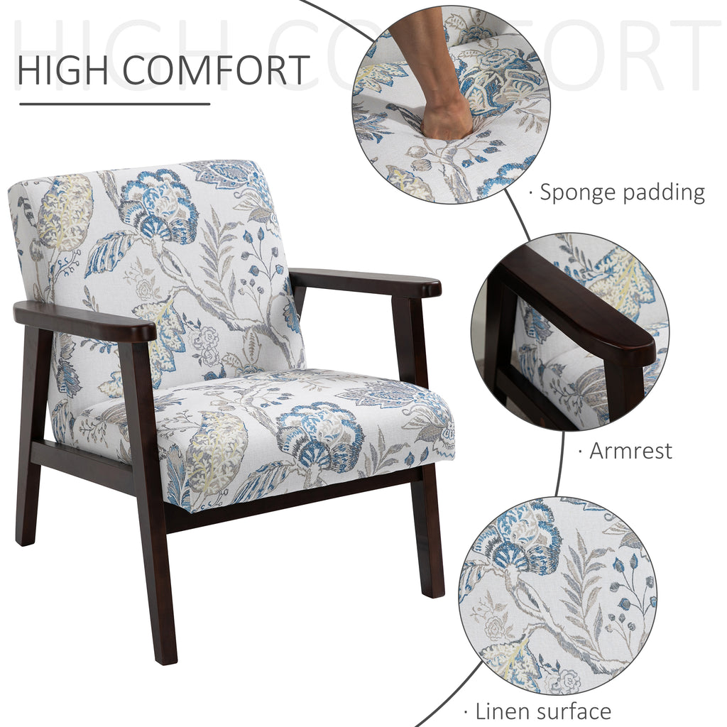 Mid-Century Modern Accent Chair Retro Fabric Armchair Wooden Arm Upholstered Lounge Chair for Living Room Floral