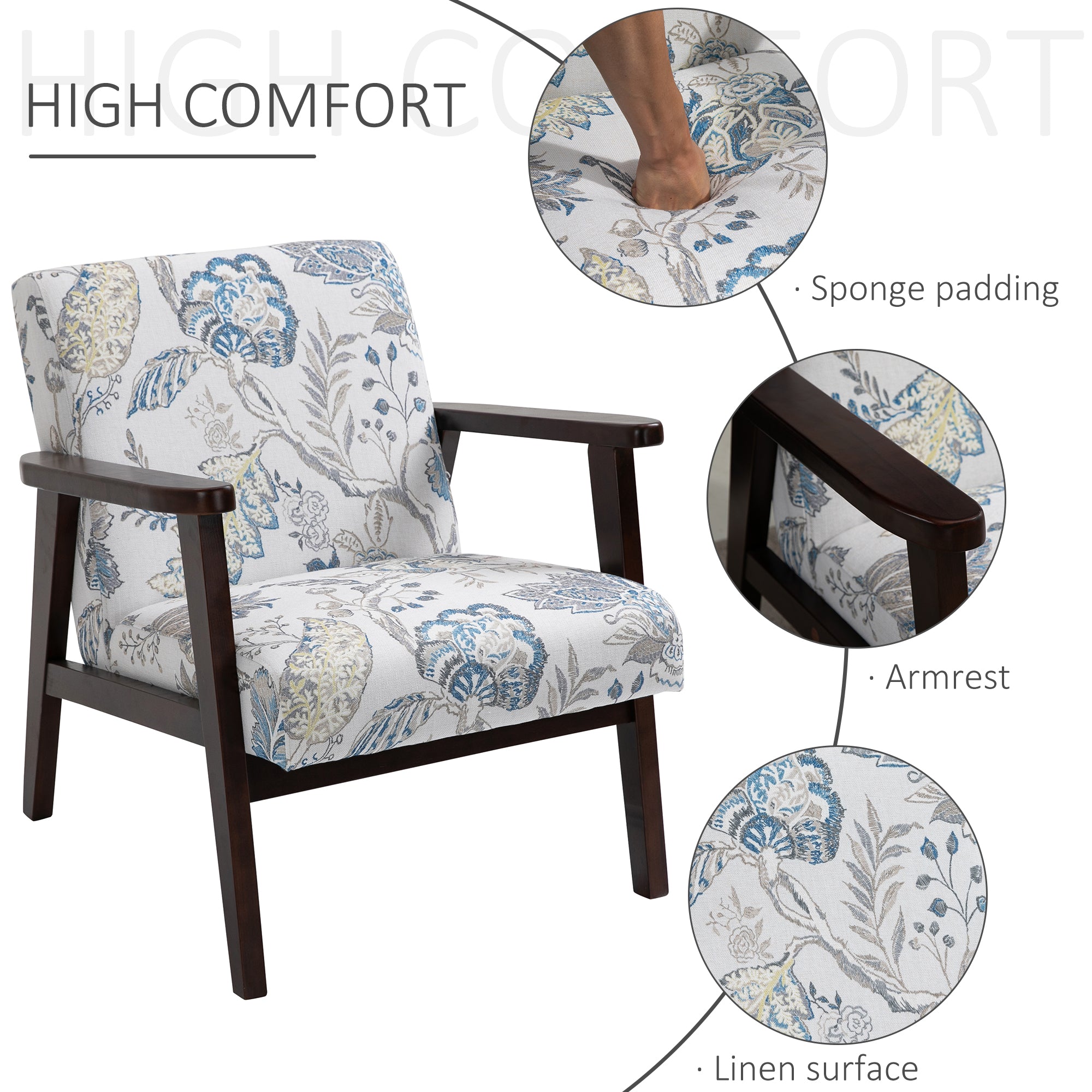 Mid-Century Modern Accent Chair Retro Fabric Armchair Wooden Arm Upholstered Lounge Chair for Living Room Floral