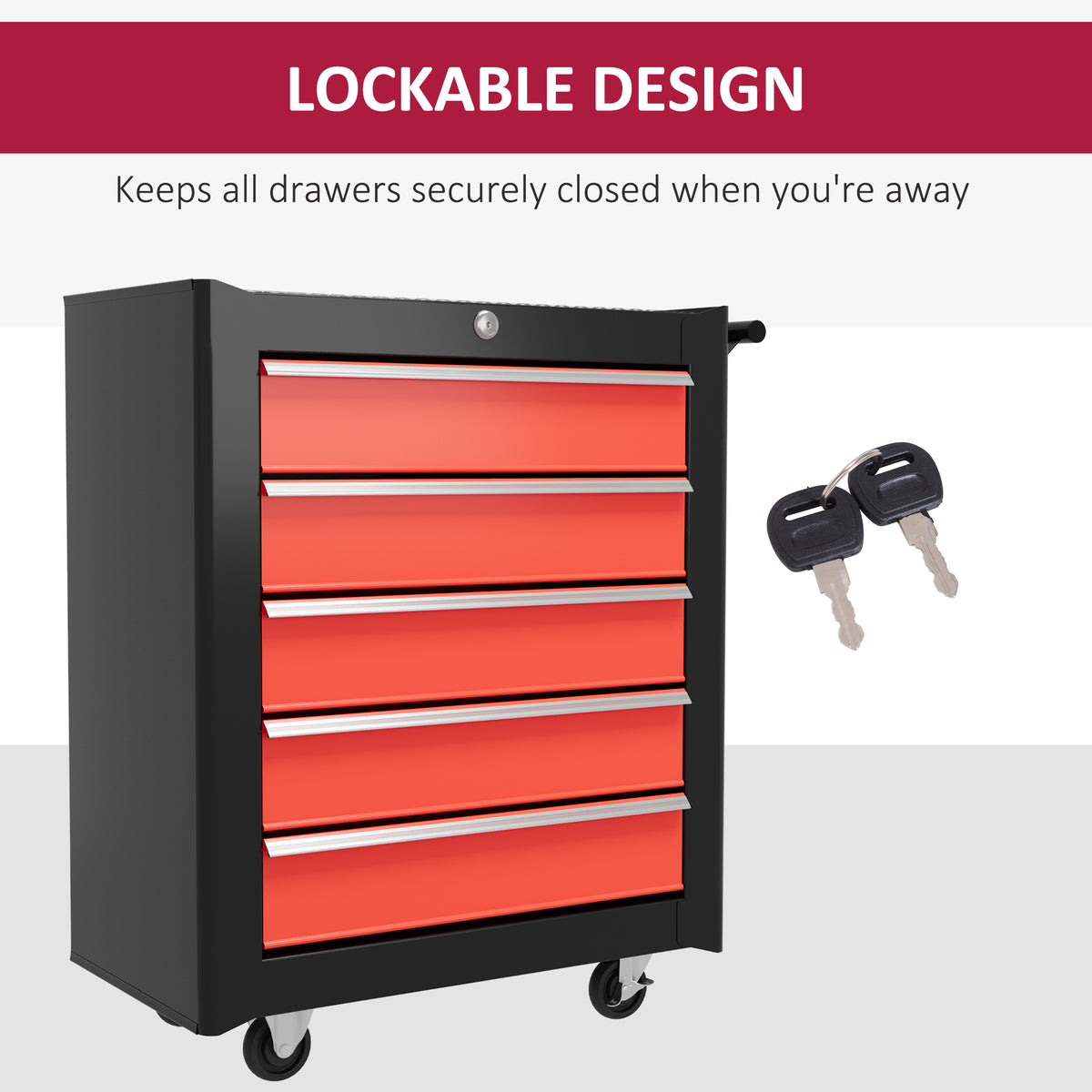 5 Drawer Roller Tool Chest, Lockable Toolbox, Storage Organizer with Handle for Workshop Mechanics Garage, Black and Red
