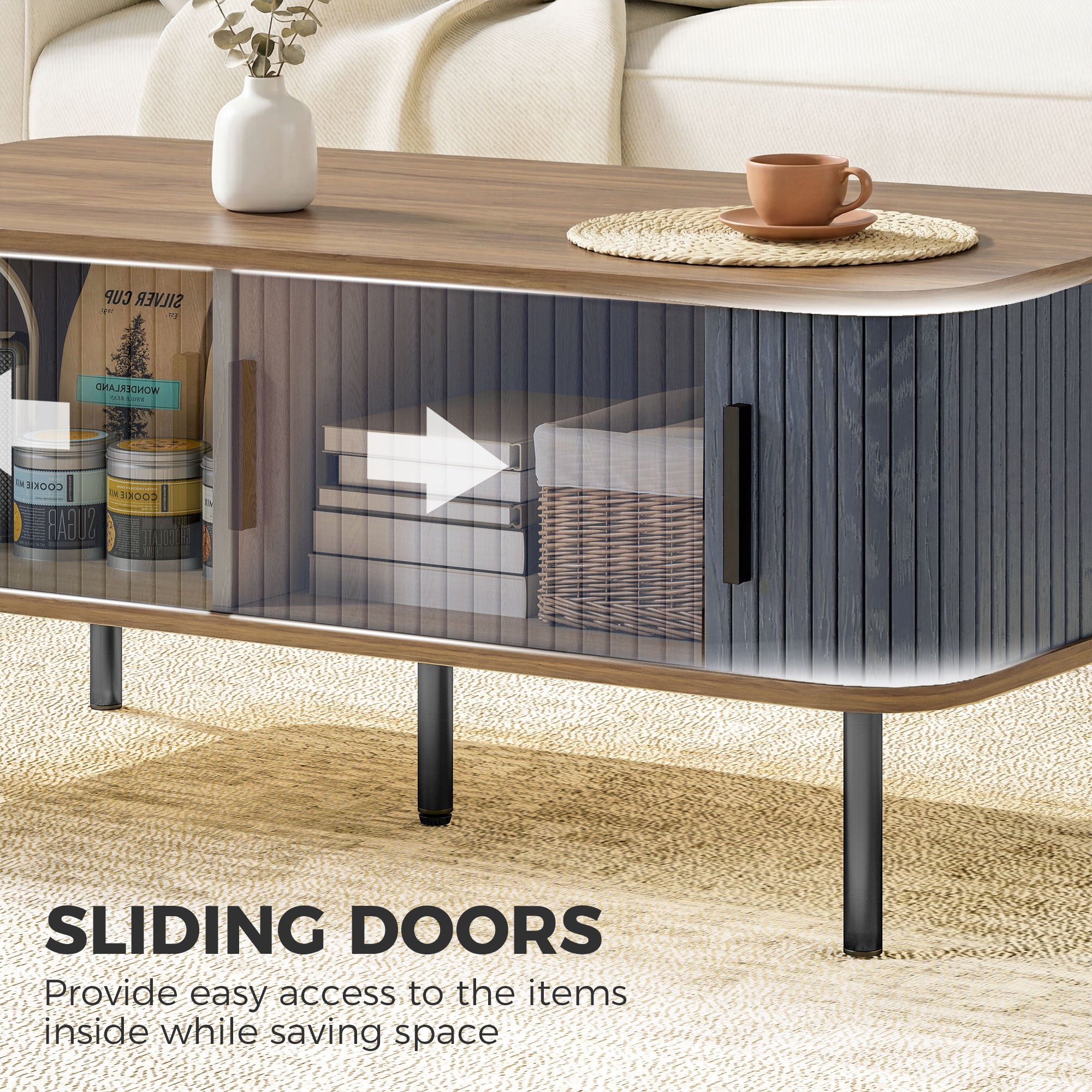 Nordic Side Table ምስ Fluted Tambour ዝንቀሳቐስ ማዕጾታትን ኣስራሓ እግሩን፣ መበሊ ዕቑር ንዘቕርብ ሳንዱቕ ንመቀመጢ ክፍሊ፣ ጸሊም