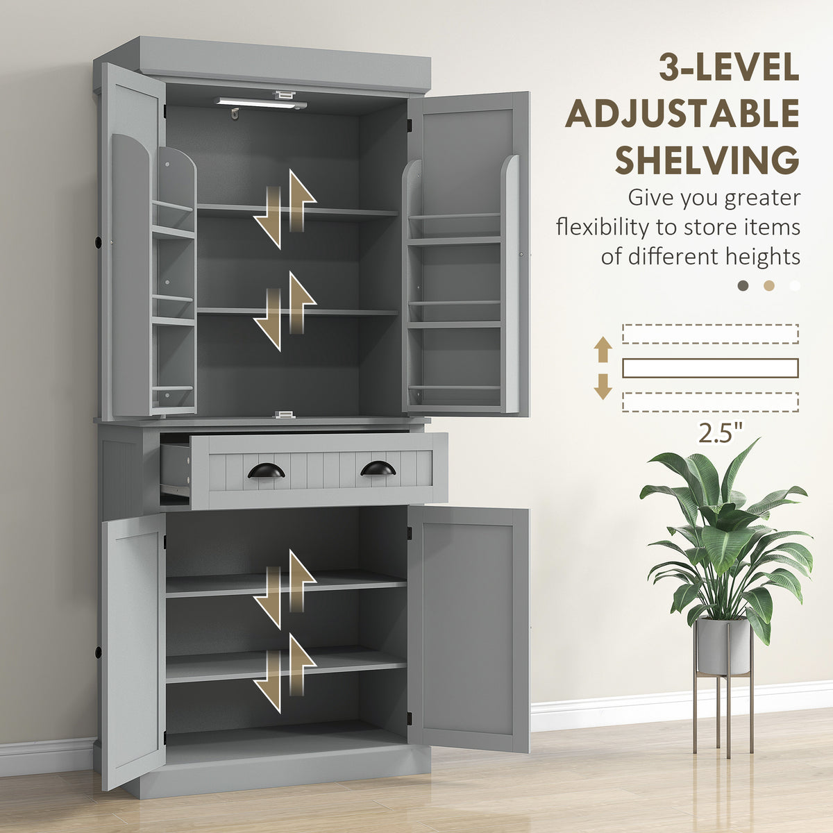 71" Kitchen Pantry Cabinet with LED Lights, 6 Spice Racks, a Drawer and 4 Adjustable Shelves, White