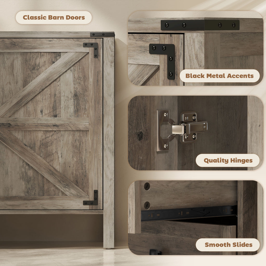 30" Buffet Cabinet, Farmhouse Sideboard with 1.2" Thick Top, 2 Barn Doors, Drawer and Adjustable Shelf, White