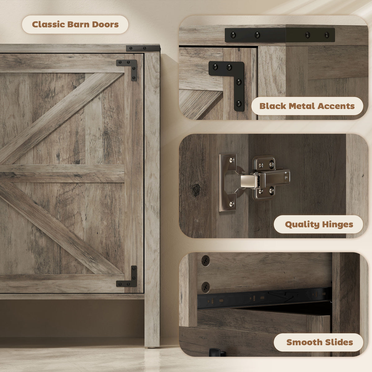 30" Buffet Cabinet, Farmhouse Sideboard with 1.2" Thick Top, 2 Barn Doors, Drawer and Adjustable Shelf, White