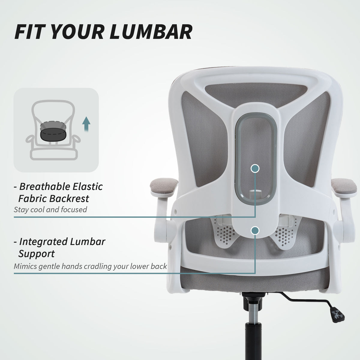Ergonomic Office Chair, Swivel Desk Chair with Adjustable Lumbar Support and Height, Flip-up Armrests, Wheels, Grey