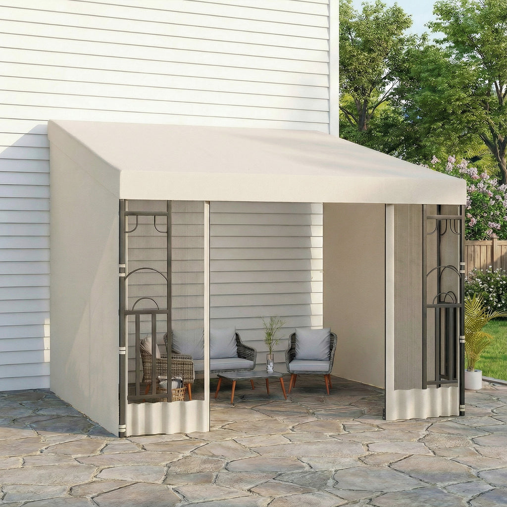 10' x 13' Wall Pergola, Outdoor Gazebo with 2 Curtains and 2 Nettings, UV Resistant, for Patio, Deck,  Beige