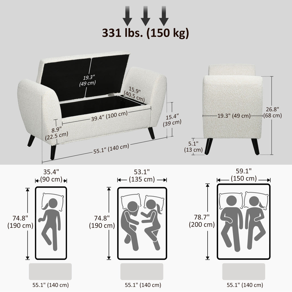 Upholstered Storage Bench with Arms, Modern Ottoman Bench for Bedroom, Entryway, and Living Room, Cream White
