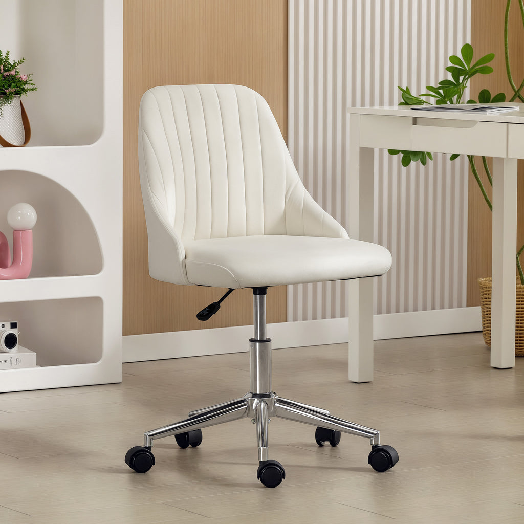 Vanity Chair for Makeup, Velvet Comfy Office Chair with Adjustable Height, Swivel Wheels for Bedroom, Living Room, Cream