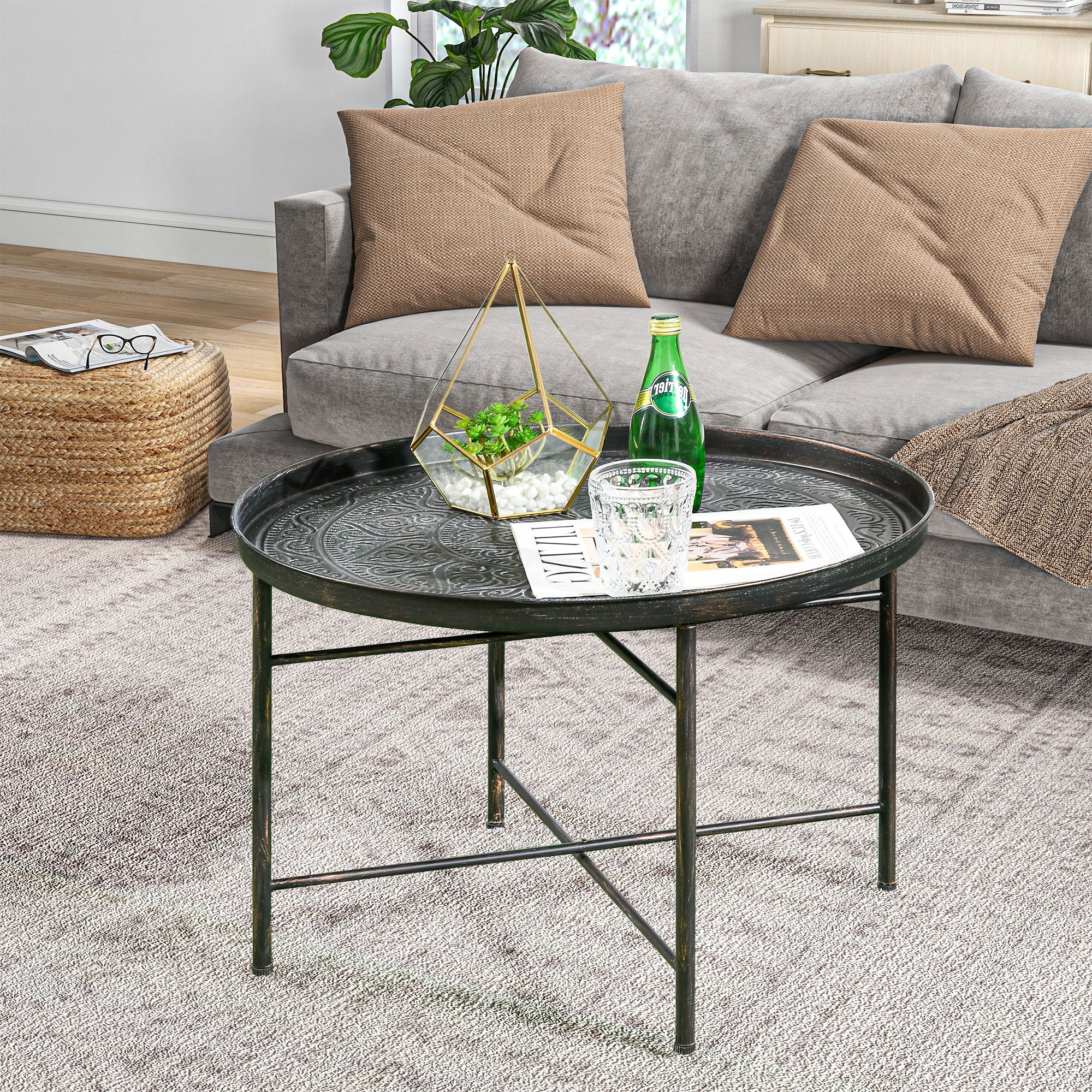 Vintage Coffee Table for Living Room, 24" Round Center Table with Hammered Tray Top and Metal Frame, Pewter