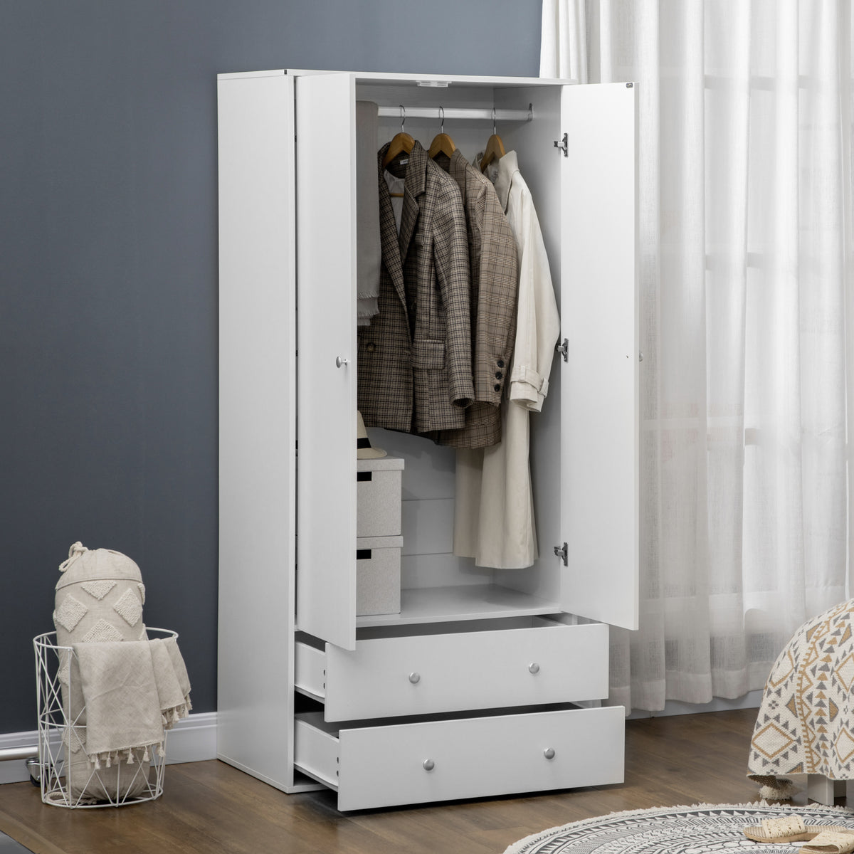 Armoire Wardrobe Closet with 2 Drawers, 71" Tall Wardrobe Cabinet with Hanging Rod, 2 Door Bedroom Armoires, Modern Clothing Storage Cabinet for Bedroom, White