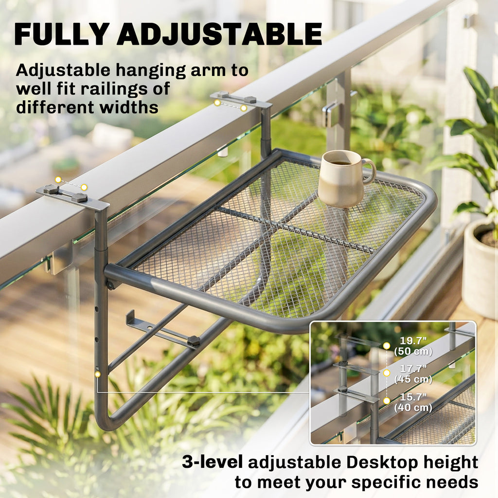 Adjustable Balcony Hanging Railing Table, Metal Mounting Mini Wall Desk Storage Rack, Outdoor Flower Stand Serving Table Rectangle, Black