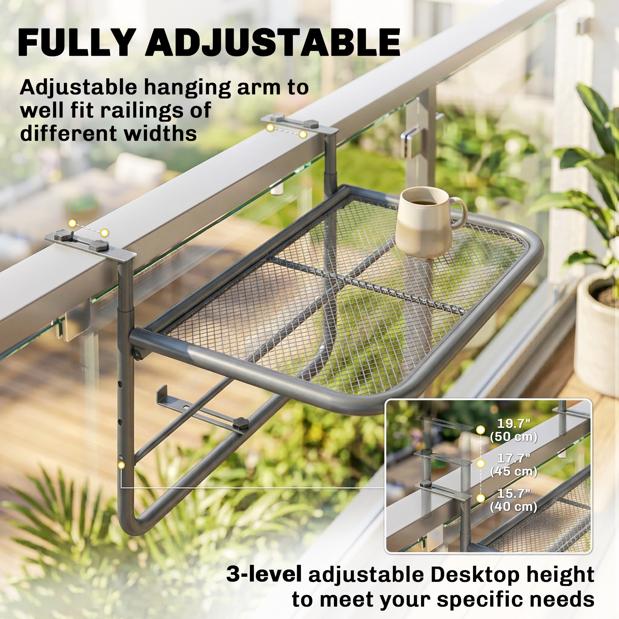 Adjustable Balcony Hanging Railing Table, Metal Mounting Mini Wall Desk Storage Rack, Outdoor Flower Stand Serving Table Rectangle, Black