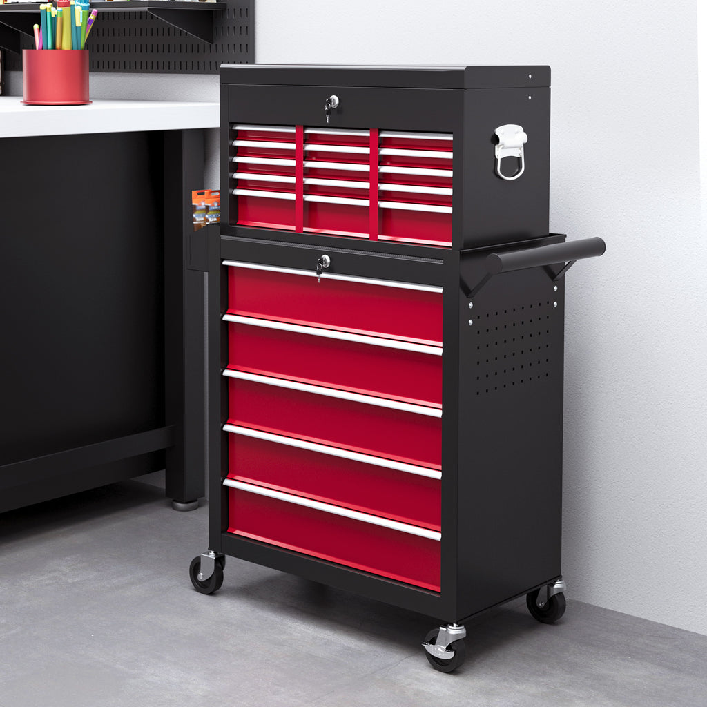 14 Drawer Rolling Tool Chest, Lockable Tool Storage Cabinet with Detachable Top Toolbox, Protective Liner, Black