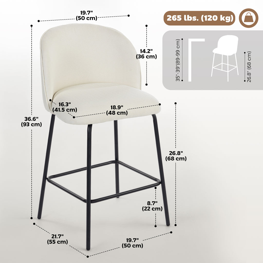 Set of 2 Counter Height Barstools, Upholstered Linen Bar Stools with Backrest, Footrest and Steel Legs, Cream White