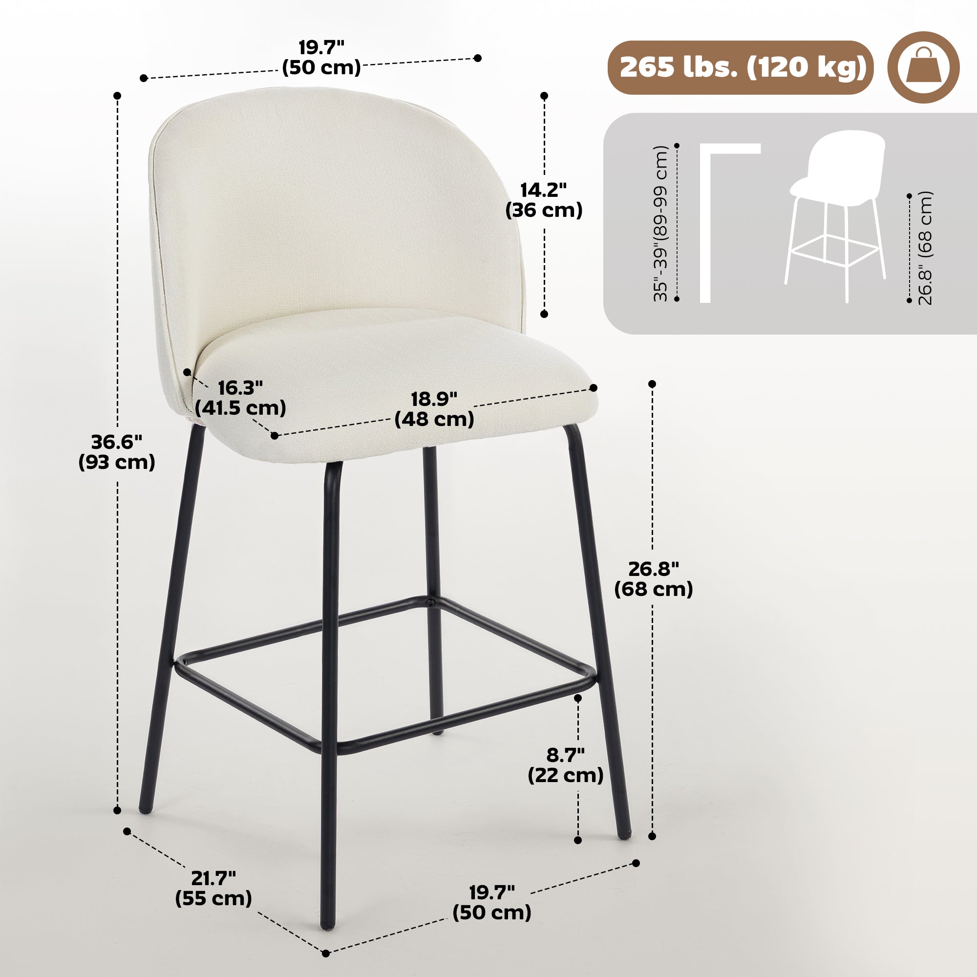 Set of 2 Counter Height Barstools, Upholstered Linen Bar Stools with Backrest, Footrest and Steel Legs, Cream White