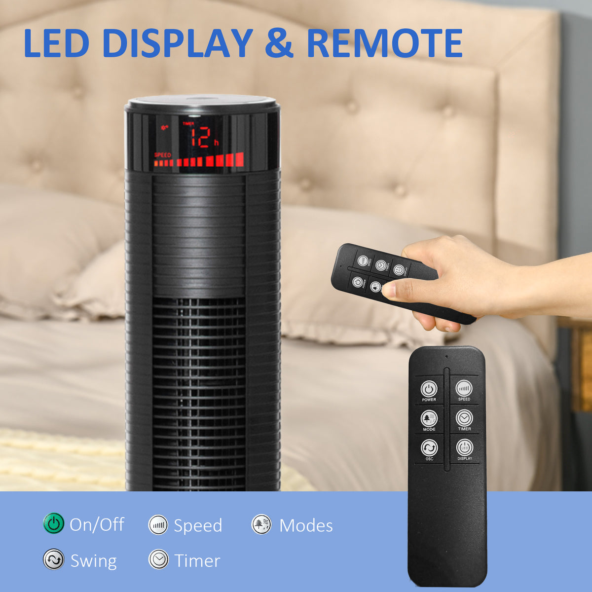 Freestanding Tower Fan Cooling for Home Bedroom with 3 Speed, 12h Timer, Oscillating, LED Panel, Remote Controller, Black