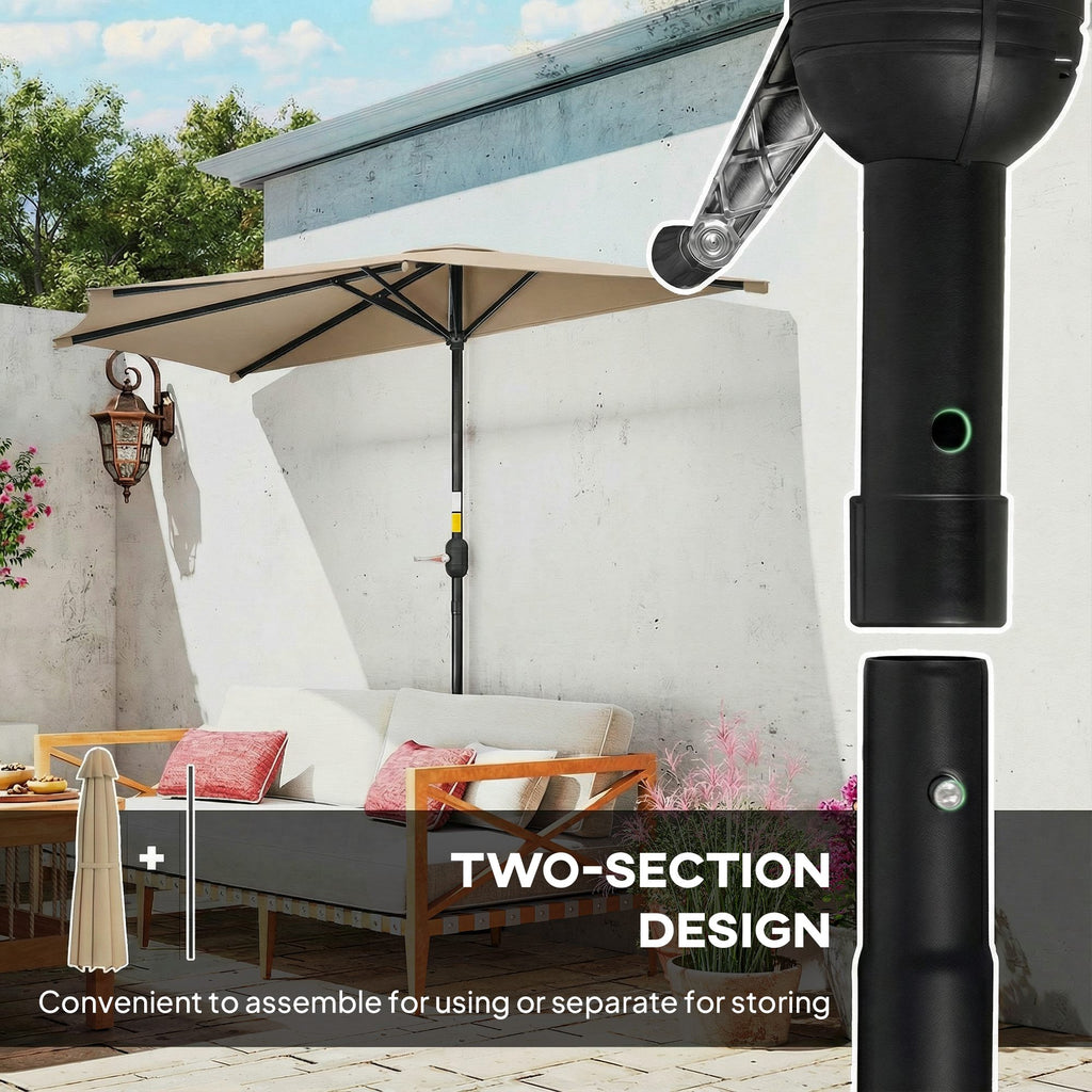 7.5ft Half Umbrella Semi Patio Parasol with Crank Handle, Top Vent for Garden, Balcony- NO BASE INCLUDED, Coffee