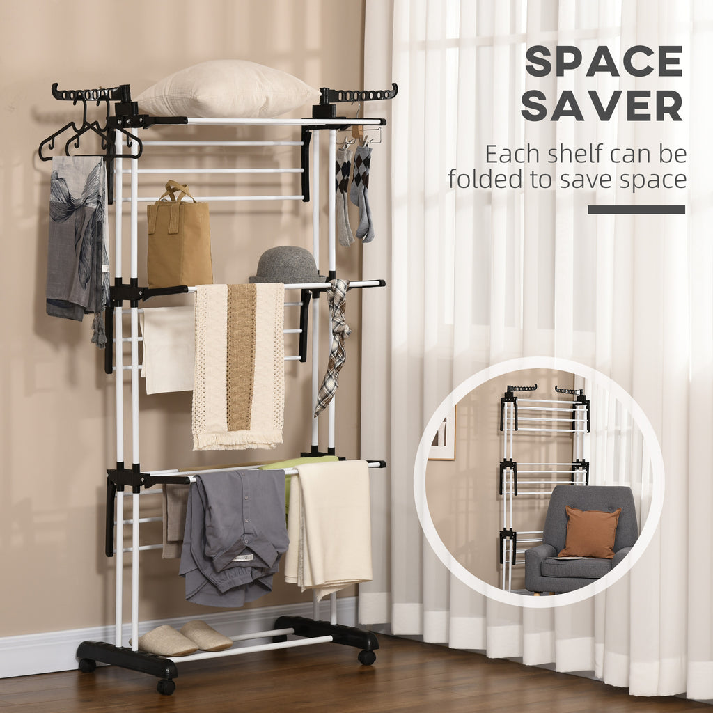 Foldable Clothes Drying Rack, 4-Tier Steel Laundry Rack for Drying Clothes with 2 Side Wings and 4 Castors, Indoor and Outdoor Use, Black
