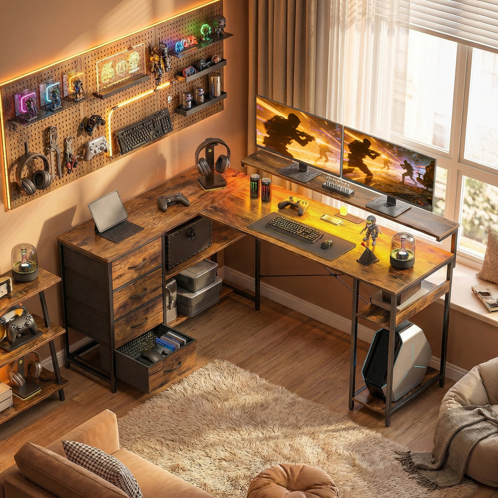 Gaming Desk with Power Outlets LED Lights Computer Desk with Drawers Monitor Stand 61" Rustic Brown