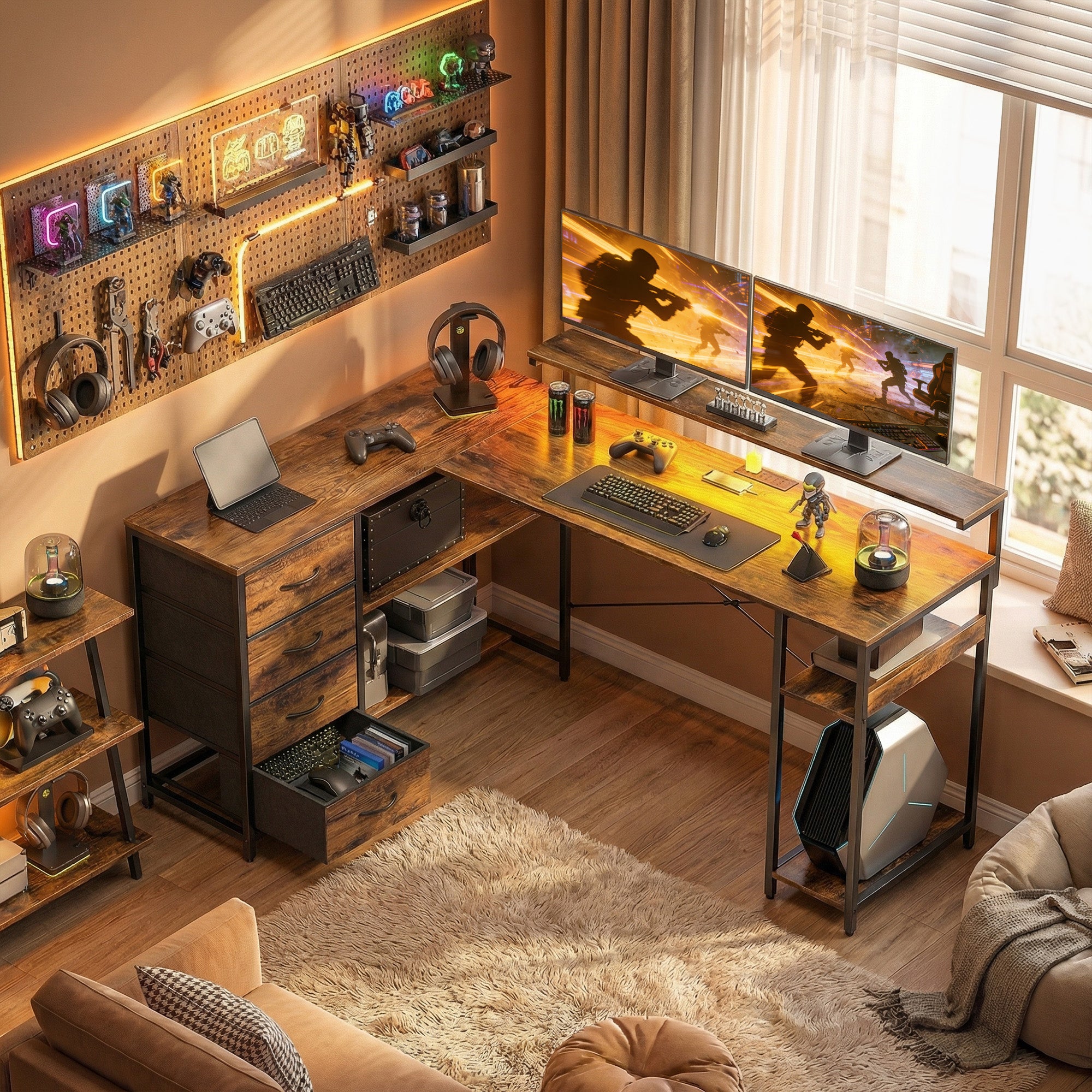 Gaming Desk with Power Outlets LED Lights Computer Desk with Drawers Monitor Stand 61" Rustic Brown