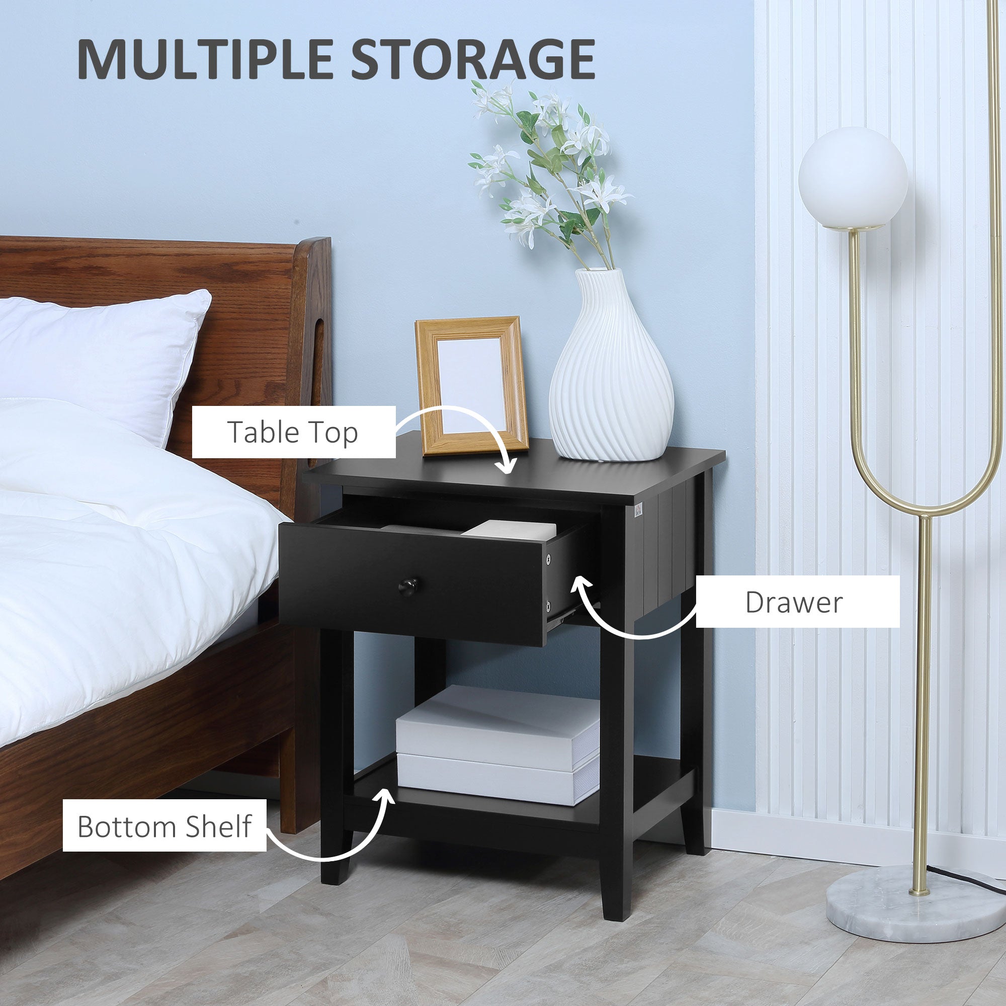 Modern Style Nightstand, Small End Table with Drawer and Storage Shelf for Bedroom, Living Room, White