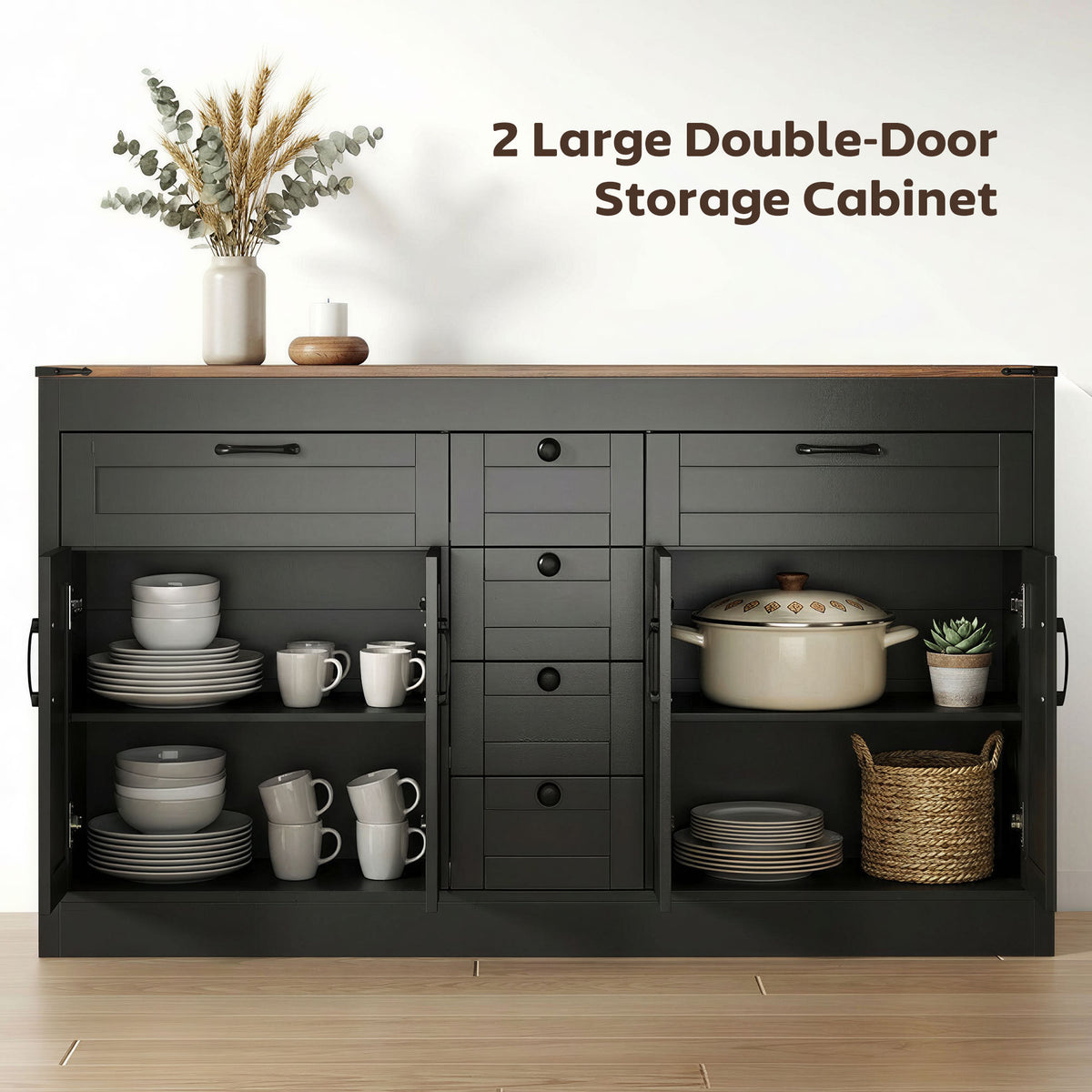 Sideboard Buffet Cabinet, 55" Farmhouse Kitchen Cabinet with 4 Barn Doors, 6 Drawers and 2 Adjustable Shelves, White