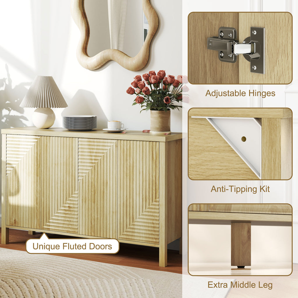 47" Buffet Cabinet with Storage, Fluted Sideboard with Push to Open Design, 2 Adjustable Shelves and 4 Doors, Natural