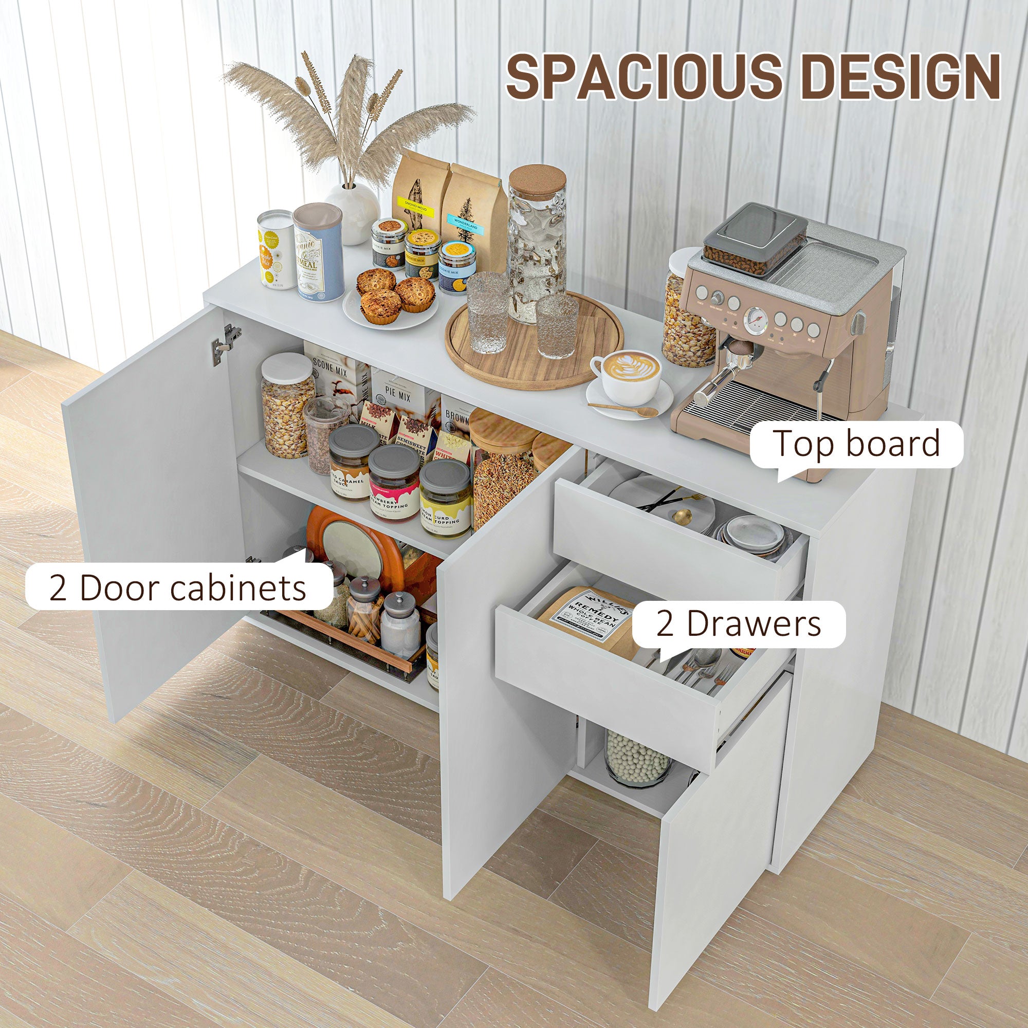 Kitchen Sideboard Storage Cabinet, Modern Coffee Bar with Push-Open Design and 2 Drawers for Living Room, Black