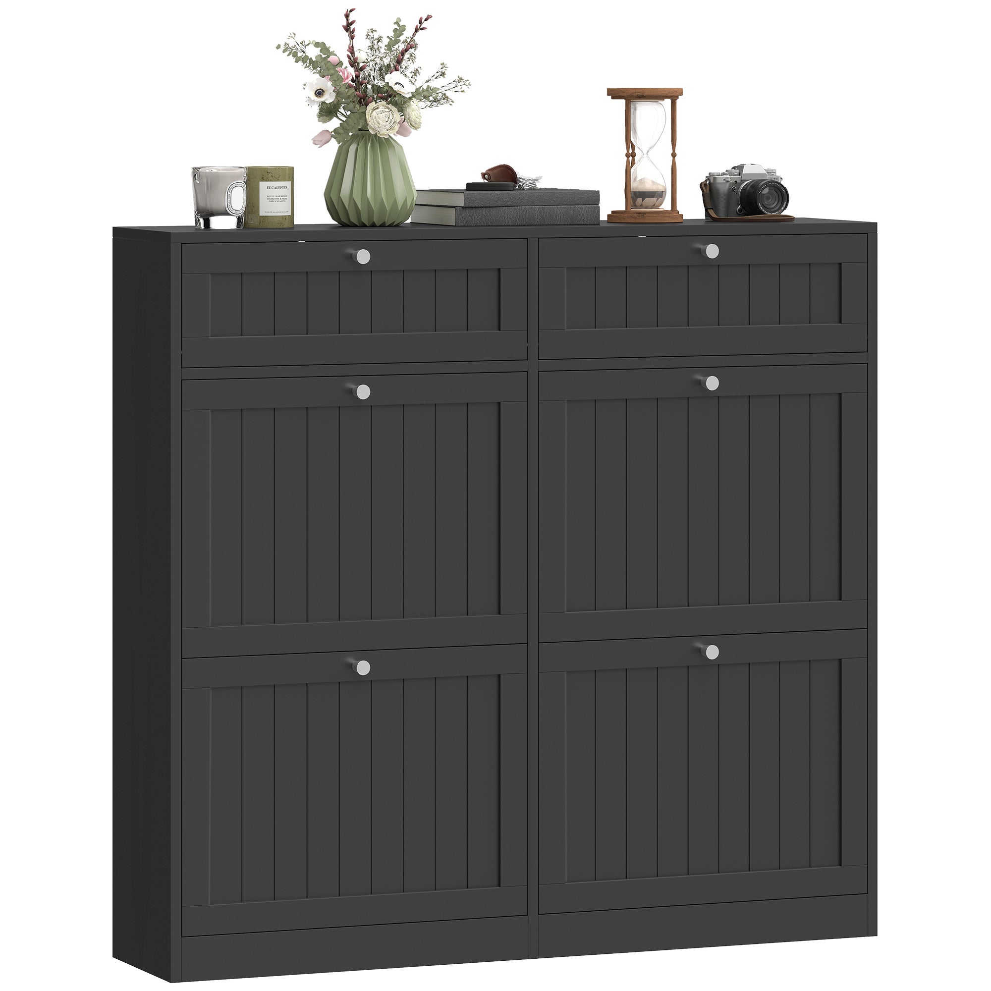 Shoe Cabinet with 2 Large Flip Drawers, Farmhouse Narrow Shoe Storage Cabinet with 2 Top Compartments, White