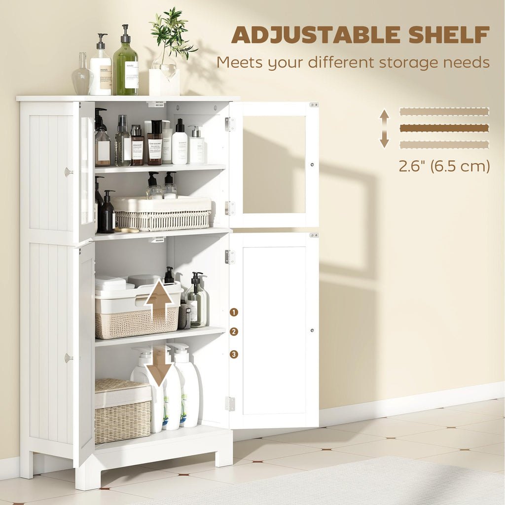 Bathroom Floor Storage Cabinet with Tempered Glass Doors and Adjustable Shelf, Kitchen Cupboard, Free Standing Organizer for Living Room Entryway, White