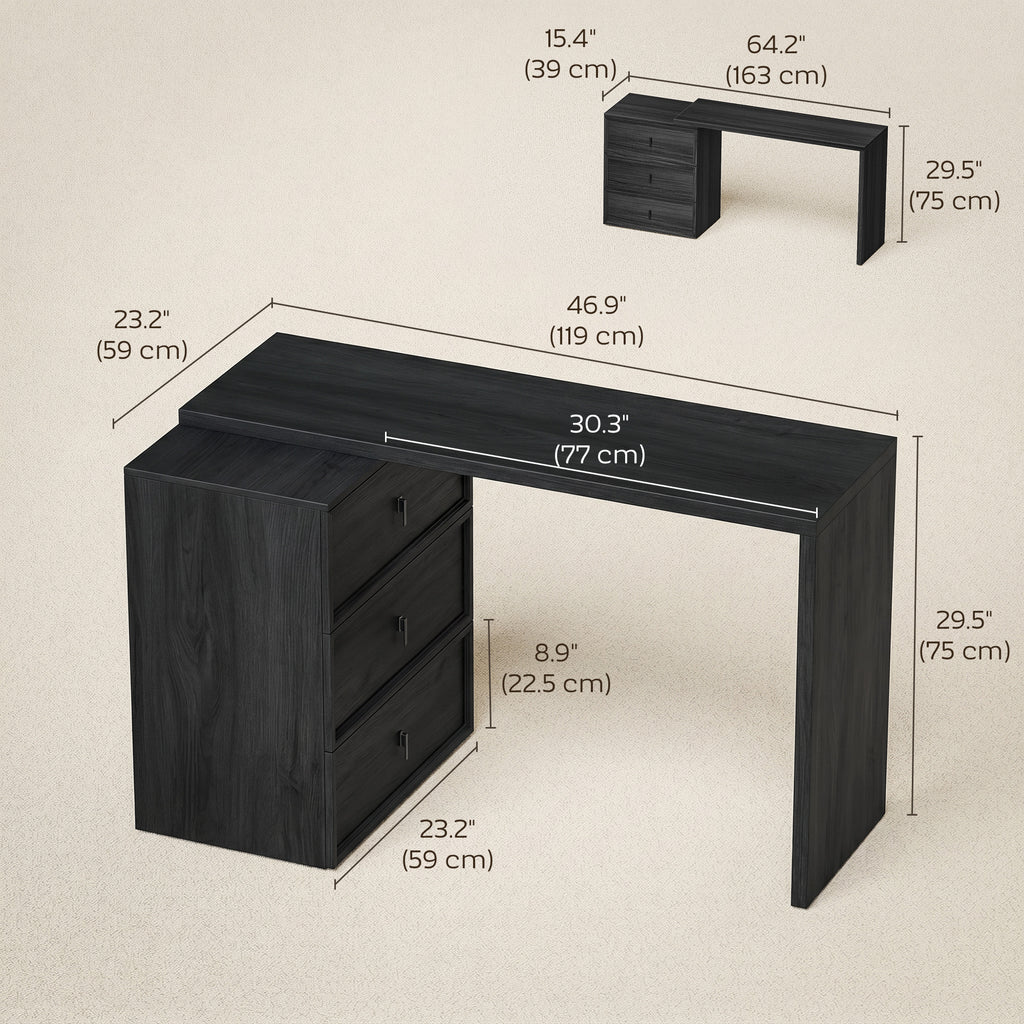 L Shaped Computer Desk Home Office Desk with 6 Drawers Black Wood Grain