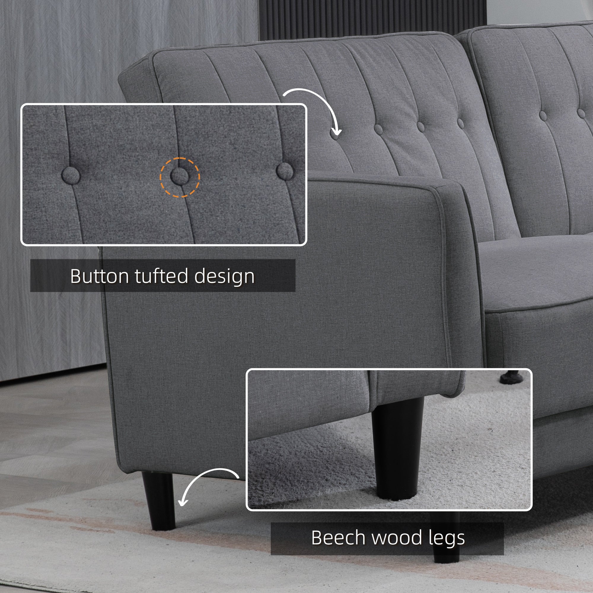 Convertible Bed with Couch, Button Tufted Fabric Sofa Bed with Adjustable Back for Living Room, Charcoal Grey