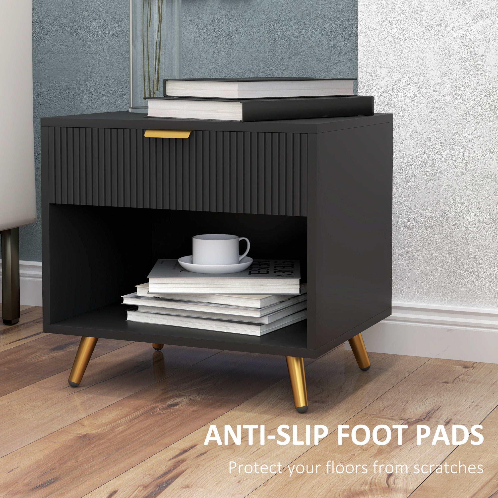 Nightstand with Fluted Panel, Bedside Table with Drawer and Open Compartment, Modern Night Table for Bedroom, Black